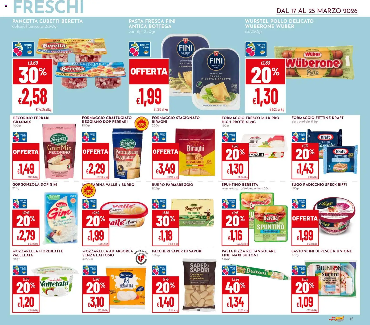 Volantino Pan del 17.03.2026 | Pagina: 15 | Prodotti: Pancetta, Pasta, Parmigiano reggiano, Pecorino