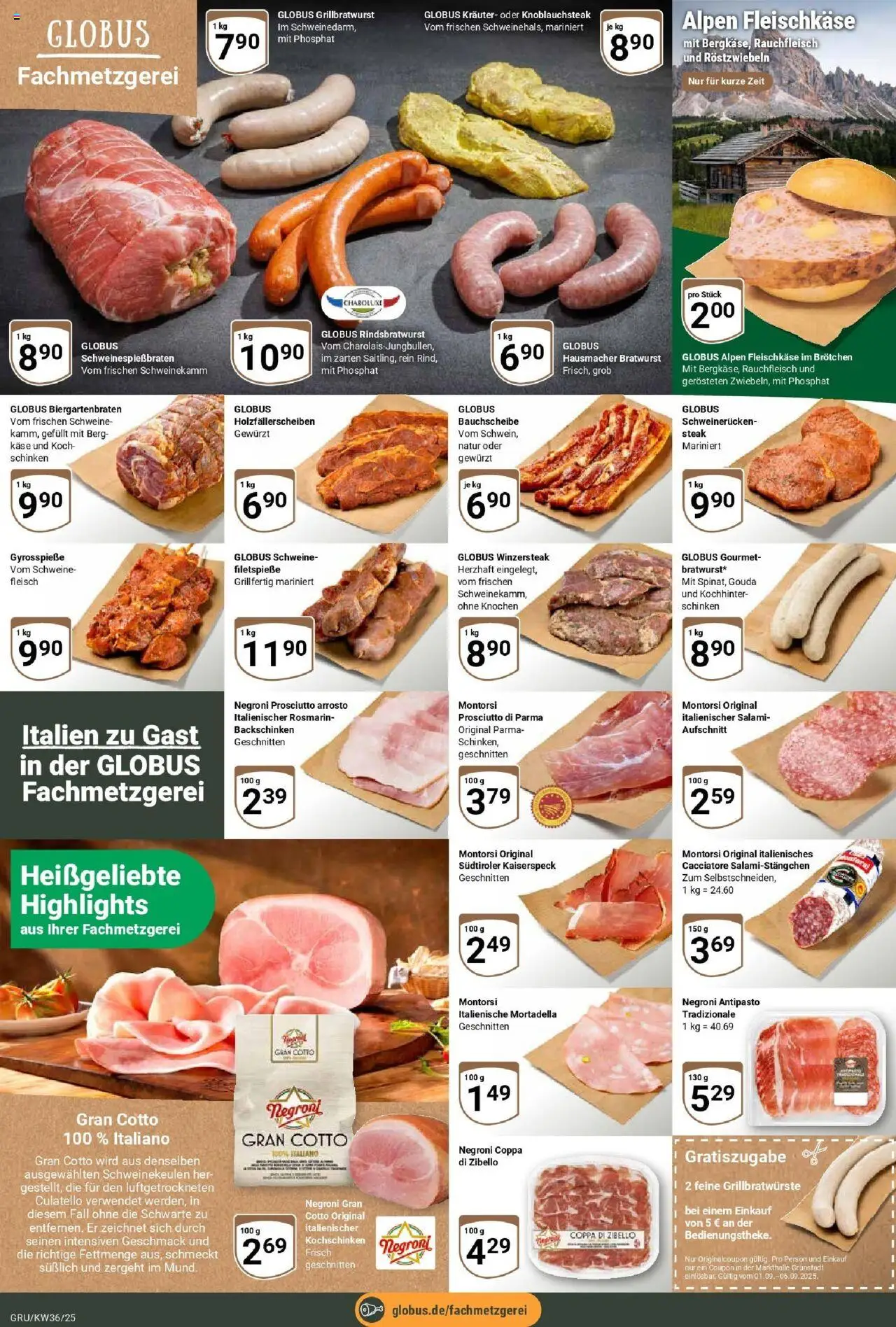 Globus prospekt Grünstadt	 – gültig ab 01.09.2025 | Seite: 11 | Produkte: Gouda, Schweinerucken, Salami, Fleisch