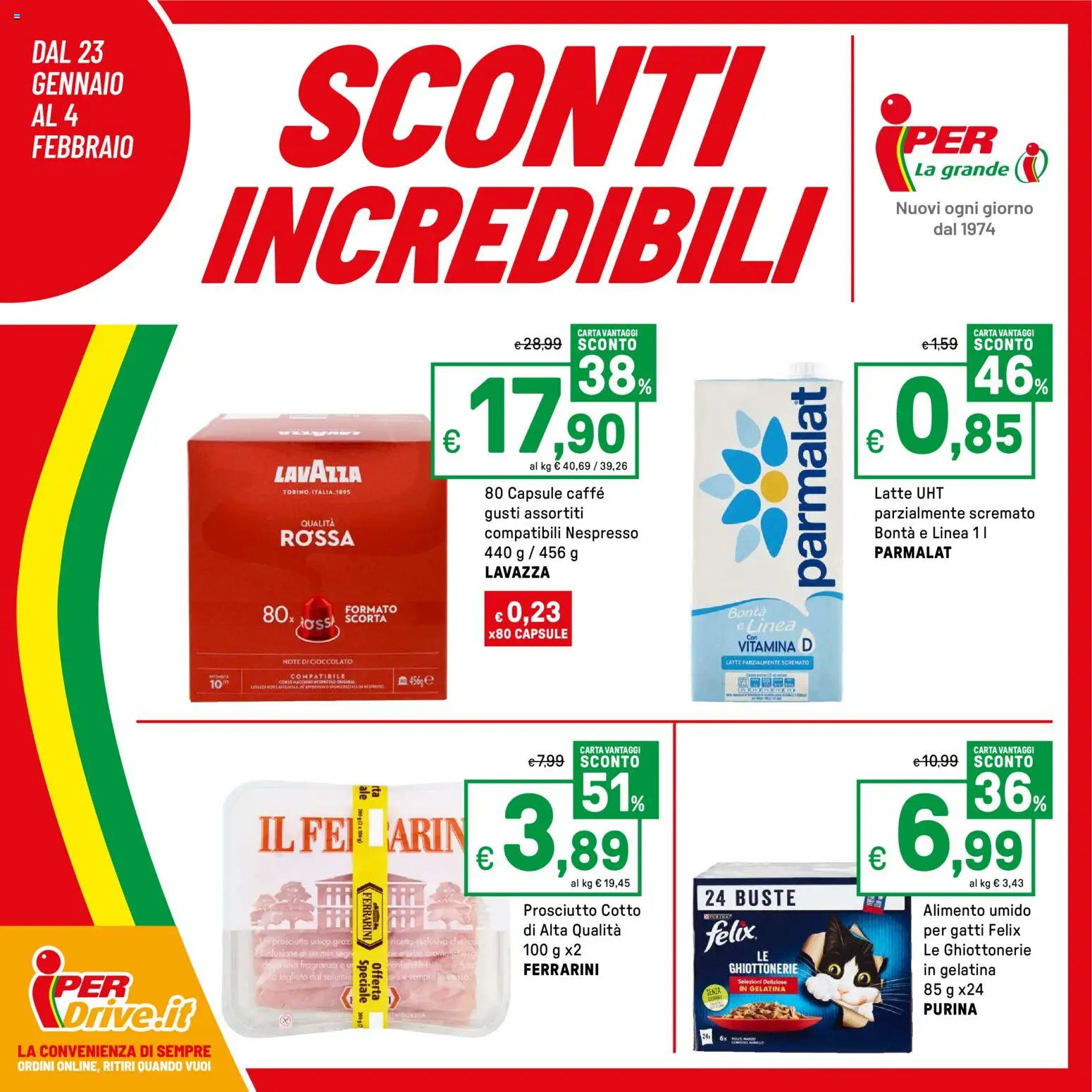 Volantino Iper del 23.01.2026 | Pagina: 1 | Prodotti: Cioccolato, Latte, Prosciutto, Lavazza