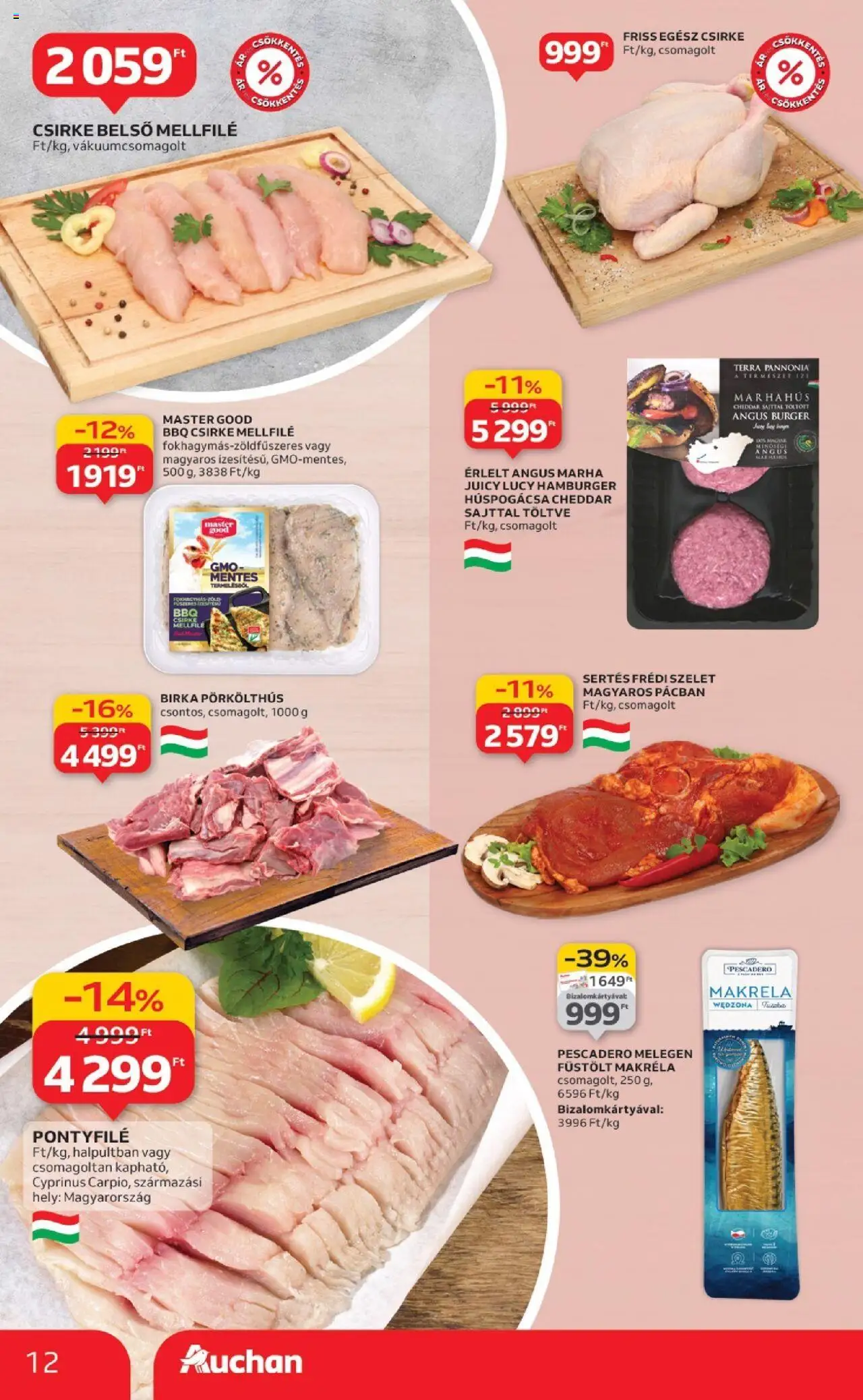 Auchan akciós ujság - amely érvényes a következő dátumtól: 04.09.2025 | Oldal: 12 | Termékek: Hamburger, Egész csirke, Makréla, Füstölt makréla