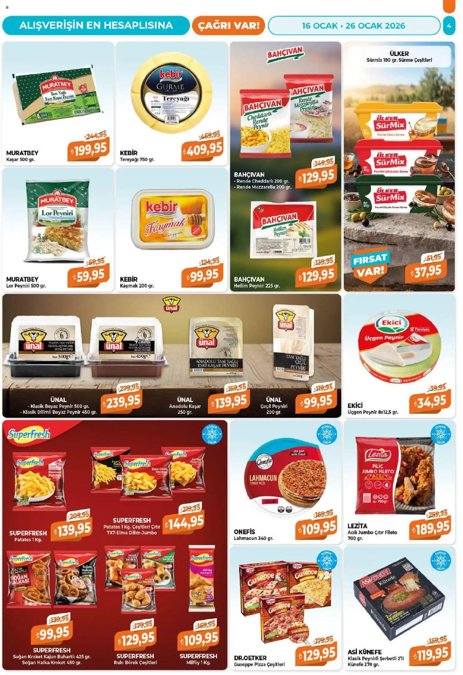 Çağrı Market Katalog - 16.01.2026 tarihinden itibaren geçerlidir | Sayfa: 4 | Ürünler: Tereyağı, Peynir, Pizza, Soğan