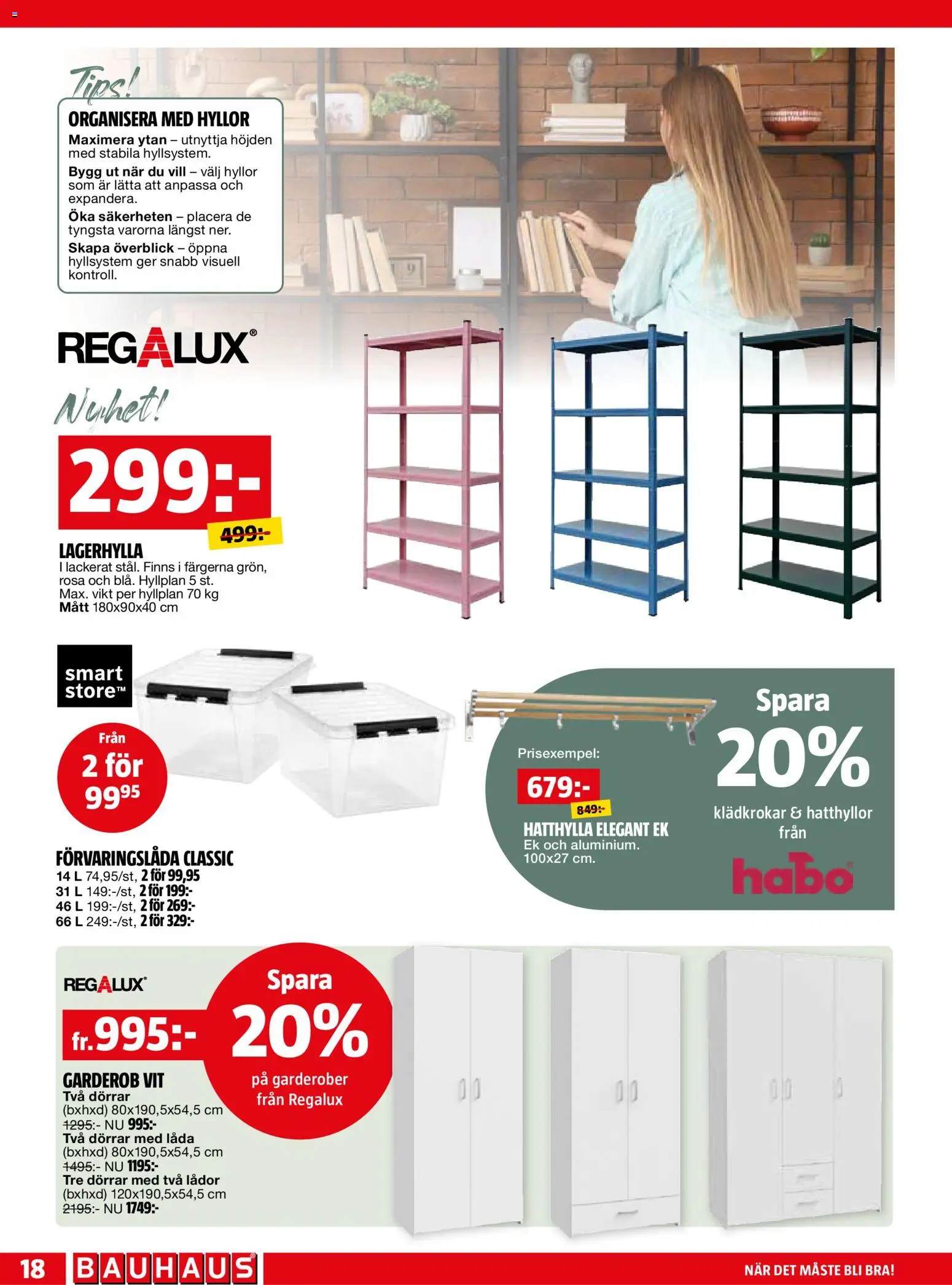 Bauhaus reklamblad aktuell från 01.03.2026 | Sida: 18 | Produkter: Hatthylla, Garderob, Låda