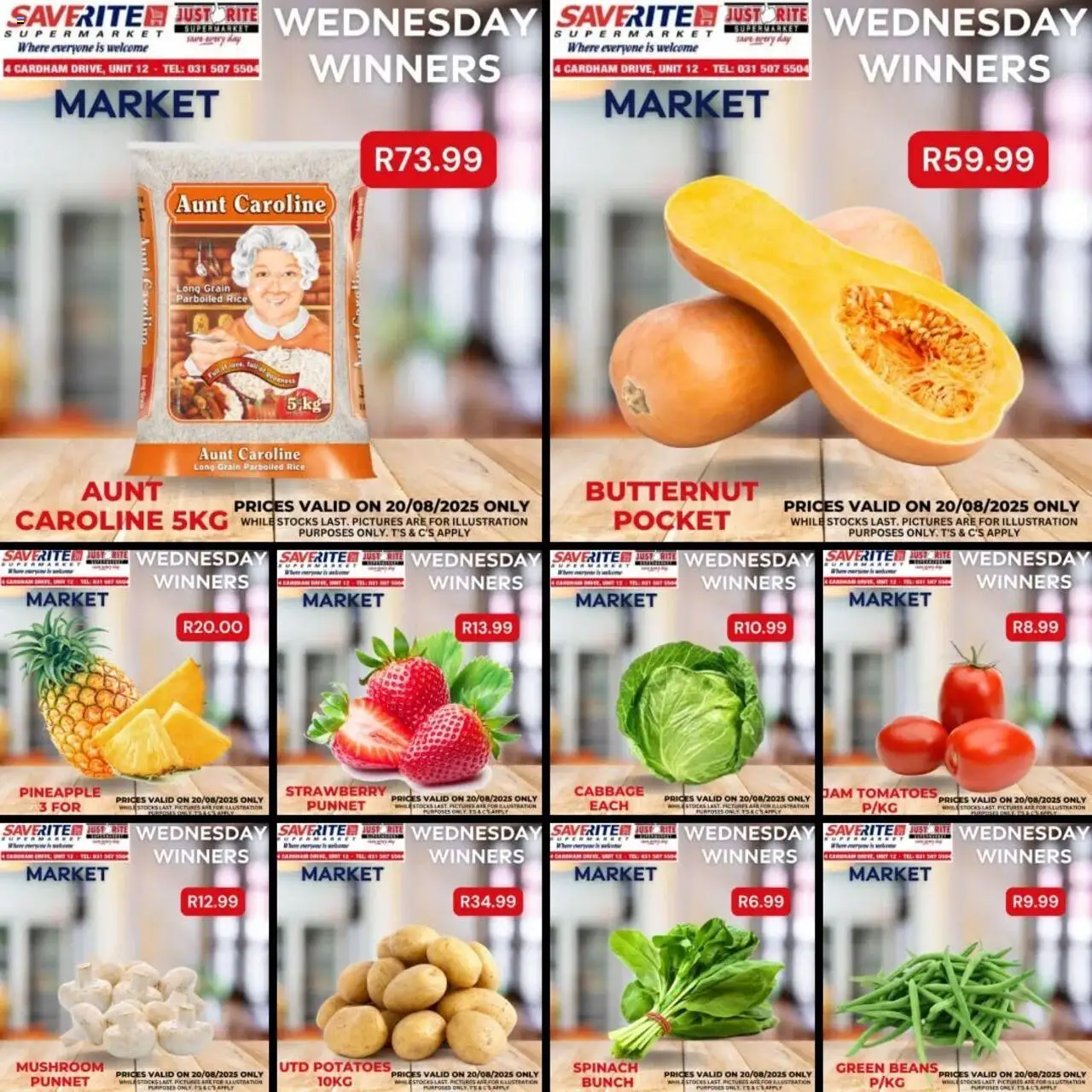 Saverite Wednesday Winners │ valid from 20.08.2025 | Page: 1 | Products: Jam, Rice, Pineapple, Potatoes