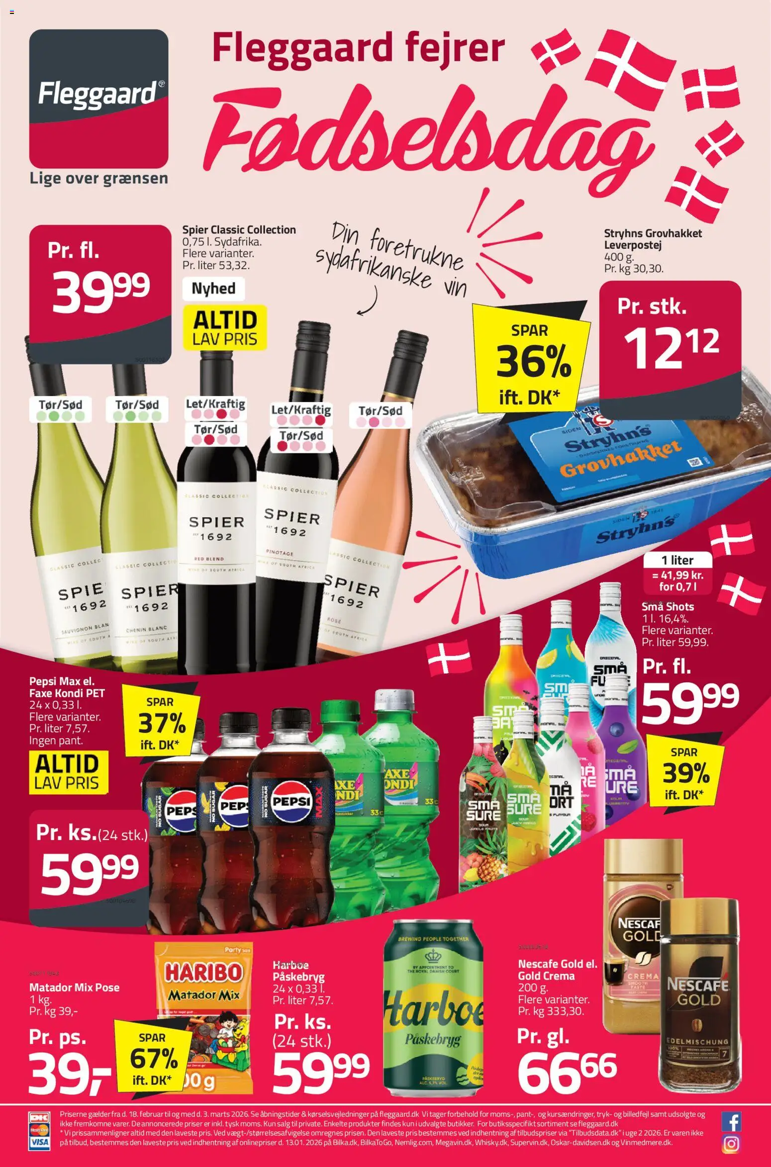 Fleggaard tilbudsavis – gyldig fra 18.02.2026 | Side: 1 | Produkter: Vin, Leverpostej, Faxe Kondi, Pepsi Max