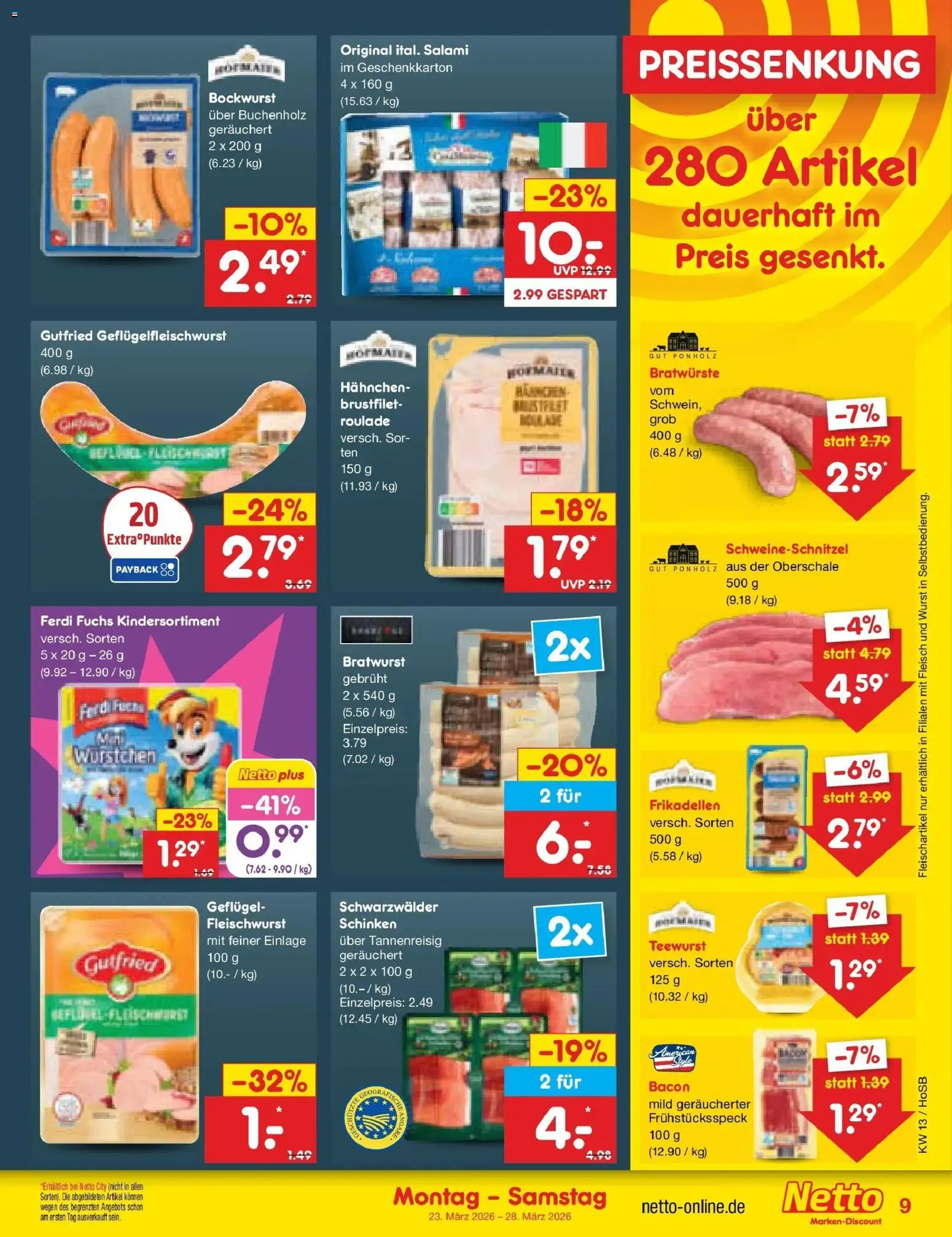 Netto Marken-Discount Prospekt Hannover	 – gültig ab 23.03.2026 | Seite: 9 | Produkte: Hahnchen, Bratwurst, Wurst, Schinken