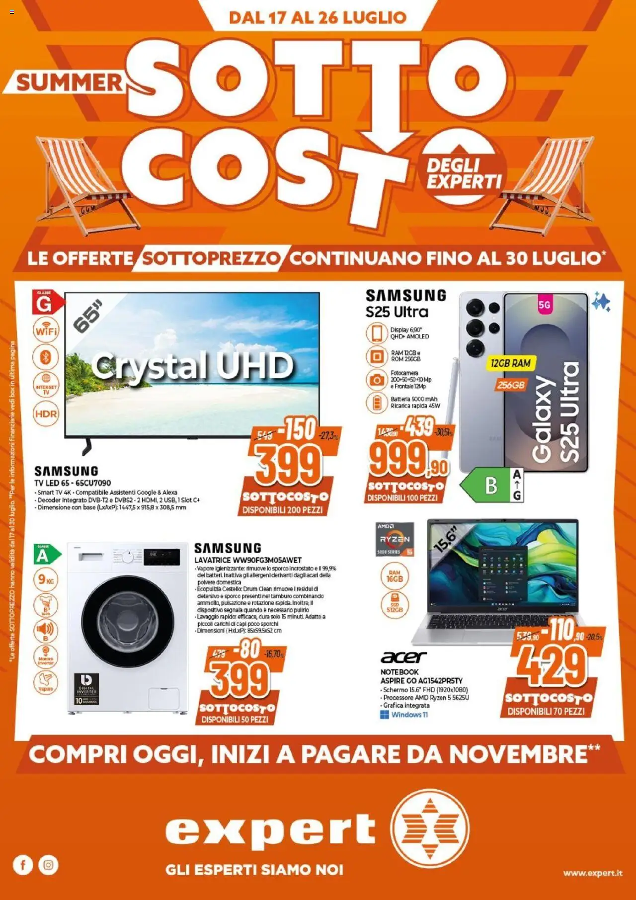 Volantino Expert del 17.07.2025 | Pagina: 1 | Prodotti: Schermo, Samsung Galaxy, smart TV, TV