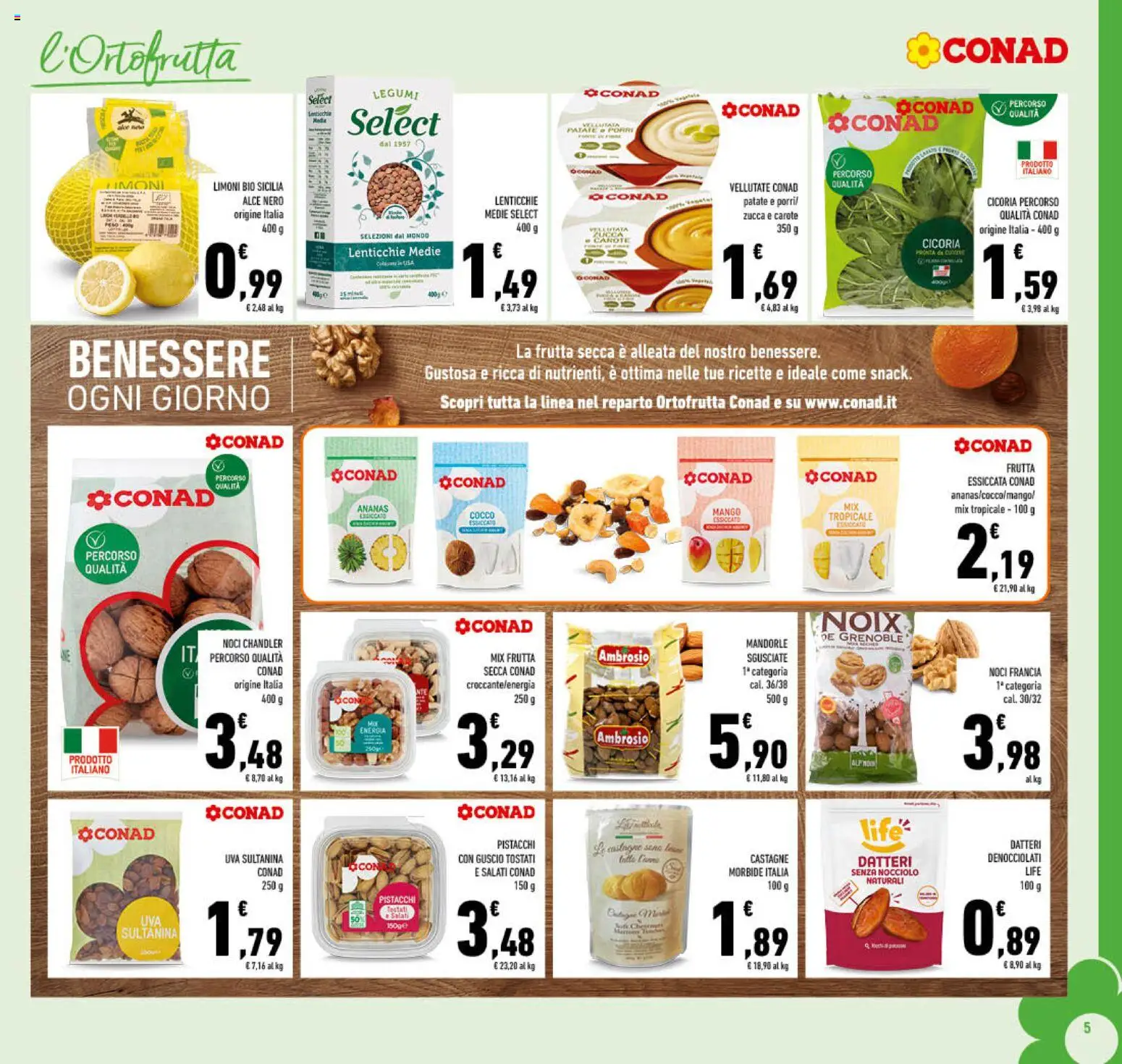 Volantino Conad del 19.11.2025 | Pagina: 5 | Prodotti: Legumi, Lenticchie, Frutta, Mandorle