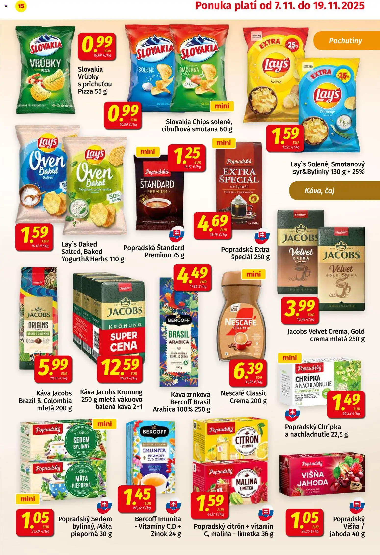 Nové Koruna akcie – leták je platný od 07.11.2025 | Strana: 15 | Produkty: Káva, Pizza, Čaj, Jacobs Krönung