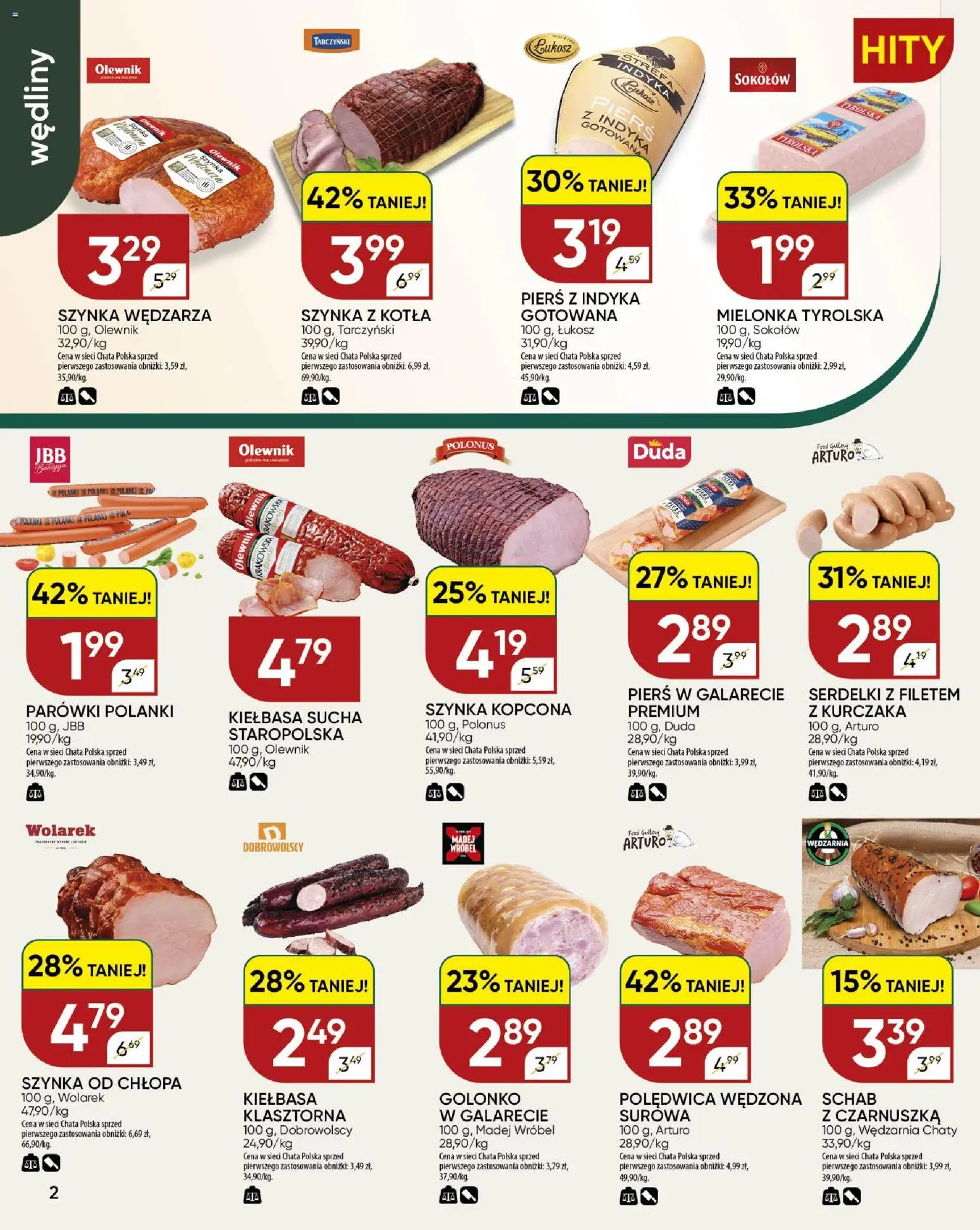 Chata Polska gazetka od 23.04.2026 | Strona: 2 | Produkty: Schab, Mielonka tyrolska, Szynka, Wędliny