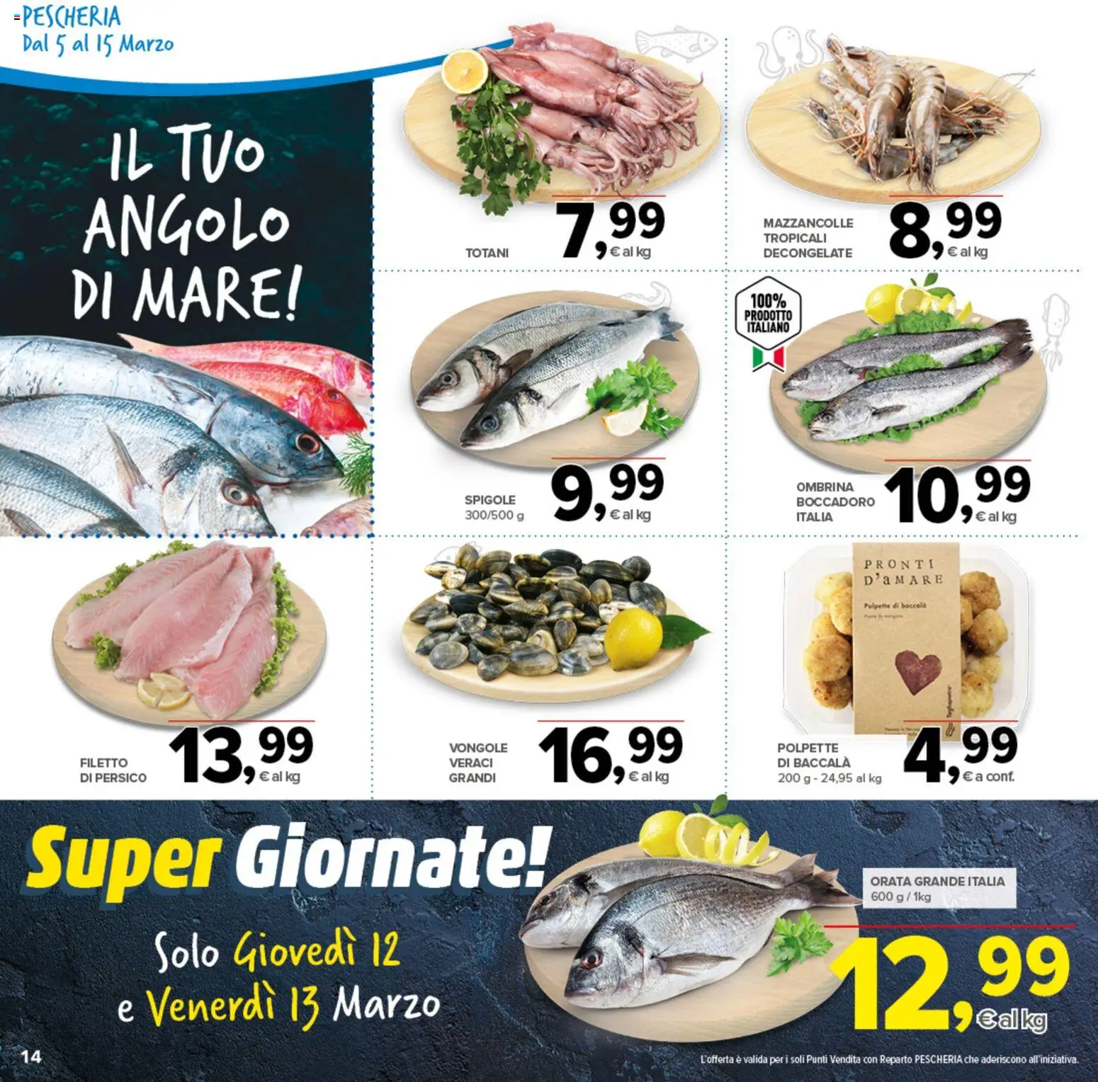 Volantino Todis del 05.03.2026 | Pagina: 14 | Prodotti: Vongole, Mazzancolle, Orata, Polpette