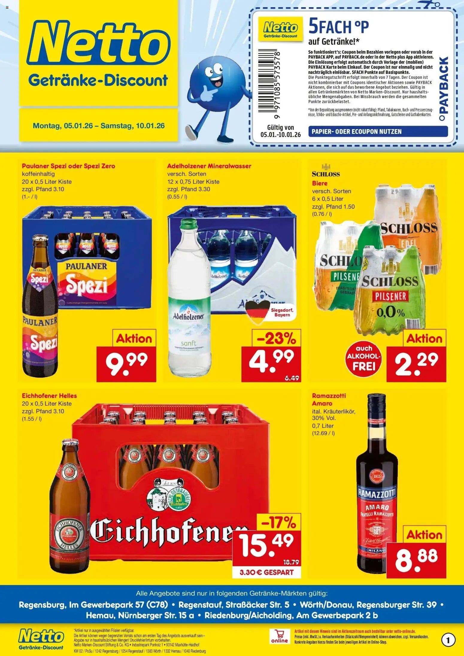Netto Marken-Discount prospekt Regenstauf	 – gültig ab 05.01.2026 | Seite: 1 | Produkte: Paulaner spezi, Mineralwasser, Ramazzotti, Paulaner