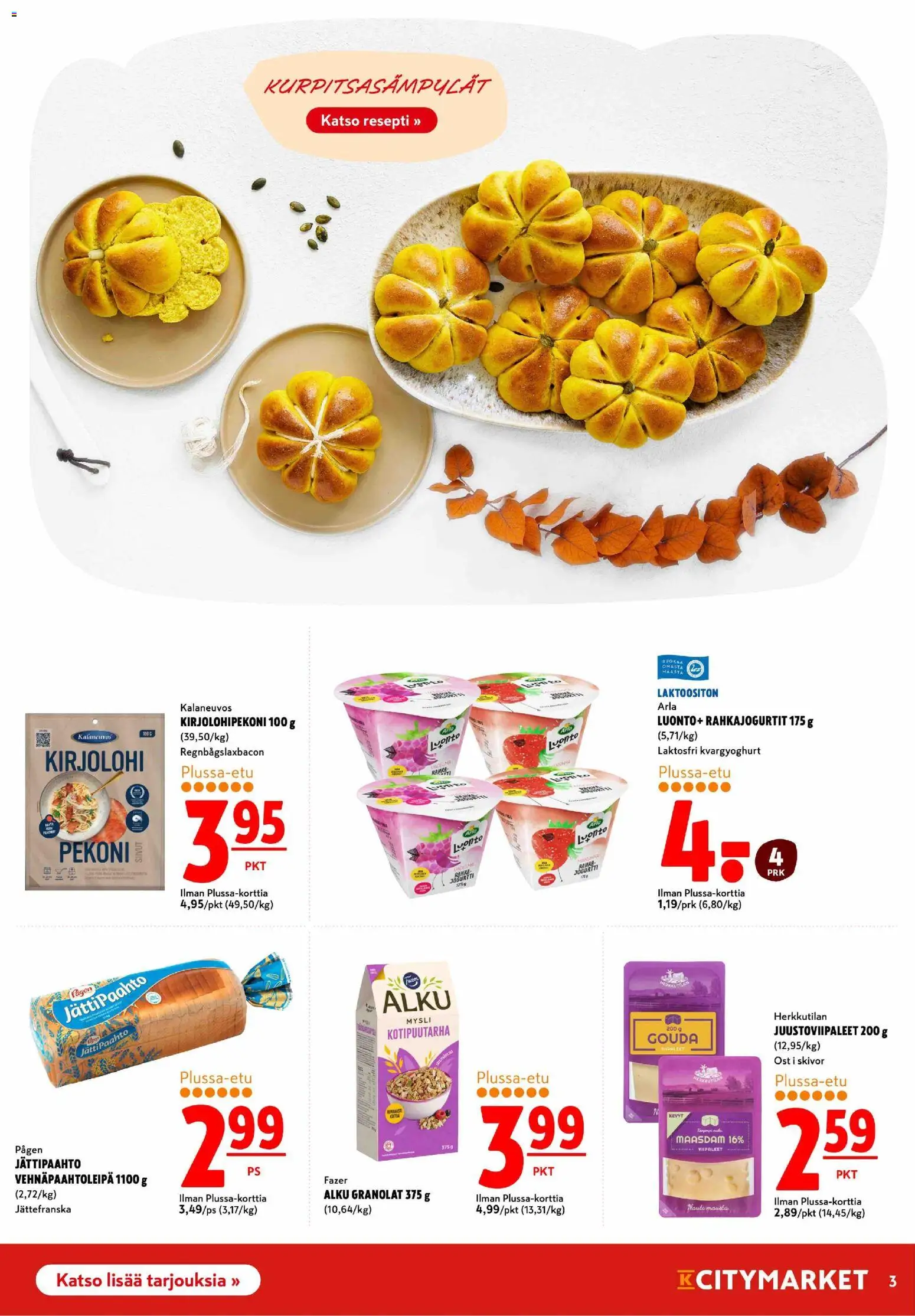 K-Citymarket tarjoukset – voimassa 27.10.2025 alkaen | Sivu: 3 | Tuotteet: Kirjolohi, Mysli, Pekoni, Jogurtti