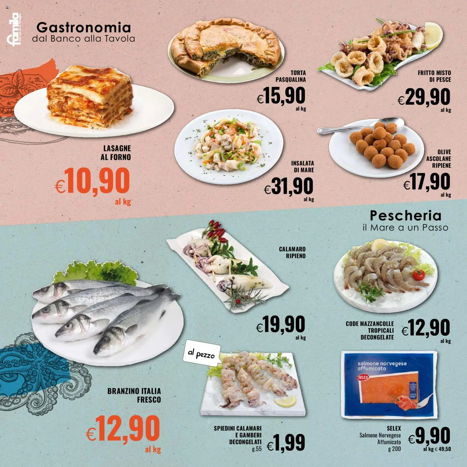 Volantino Famila del 30.10.2025 | Pagina: 14 | Prodotti: Gamberi, Branzino, Olive, Torta