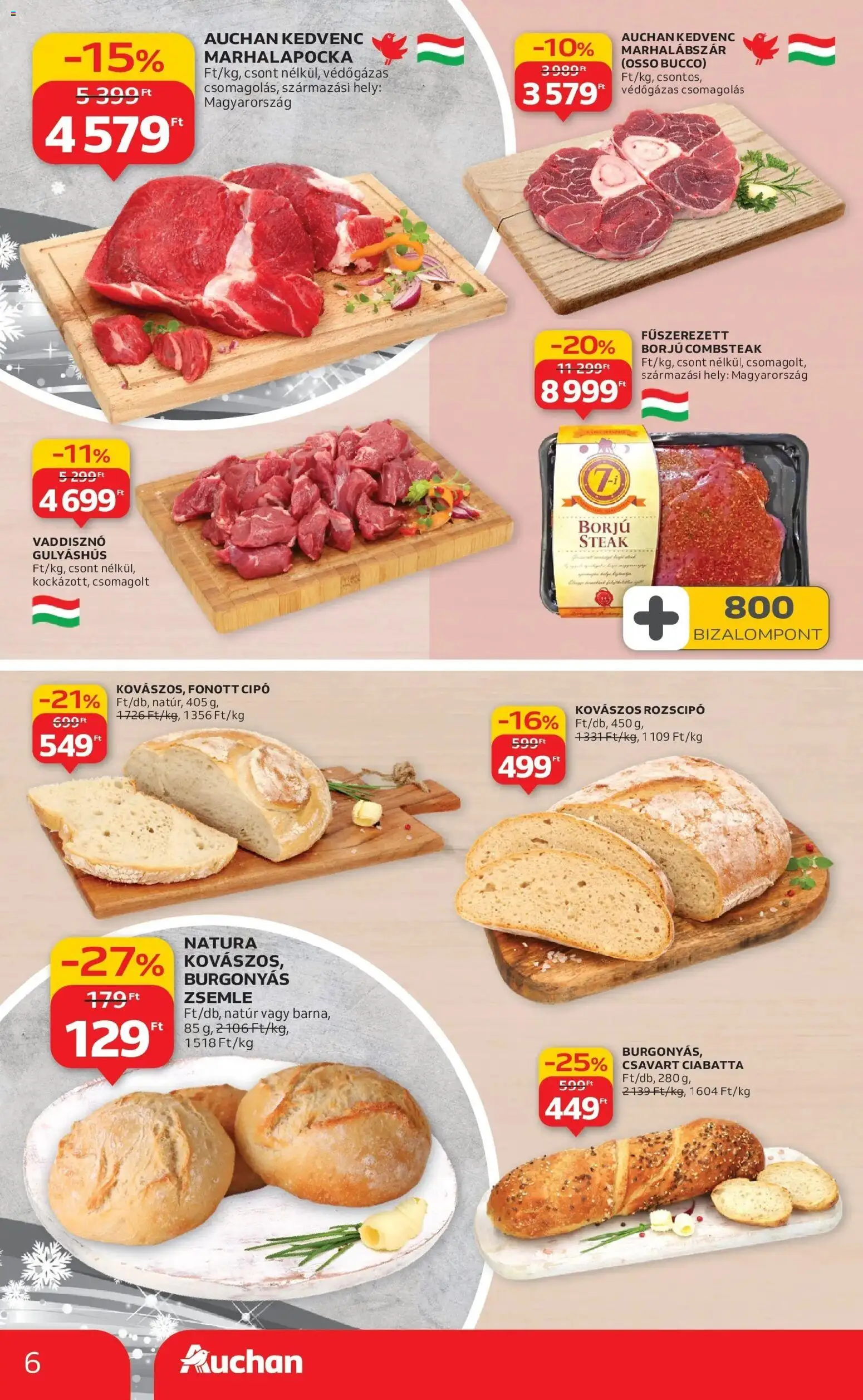 Auchan akciós ujság - amely érvényes a következő dátumtól: 18.12.2025 | Oldal: 6 | Termékek: Marhalábszár, Zsemle, Ciabatta