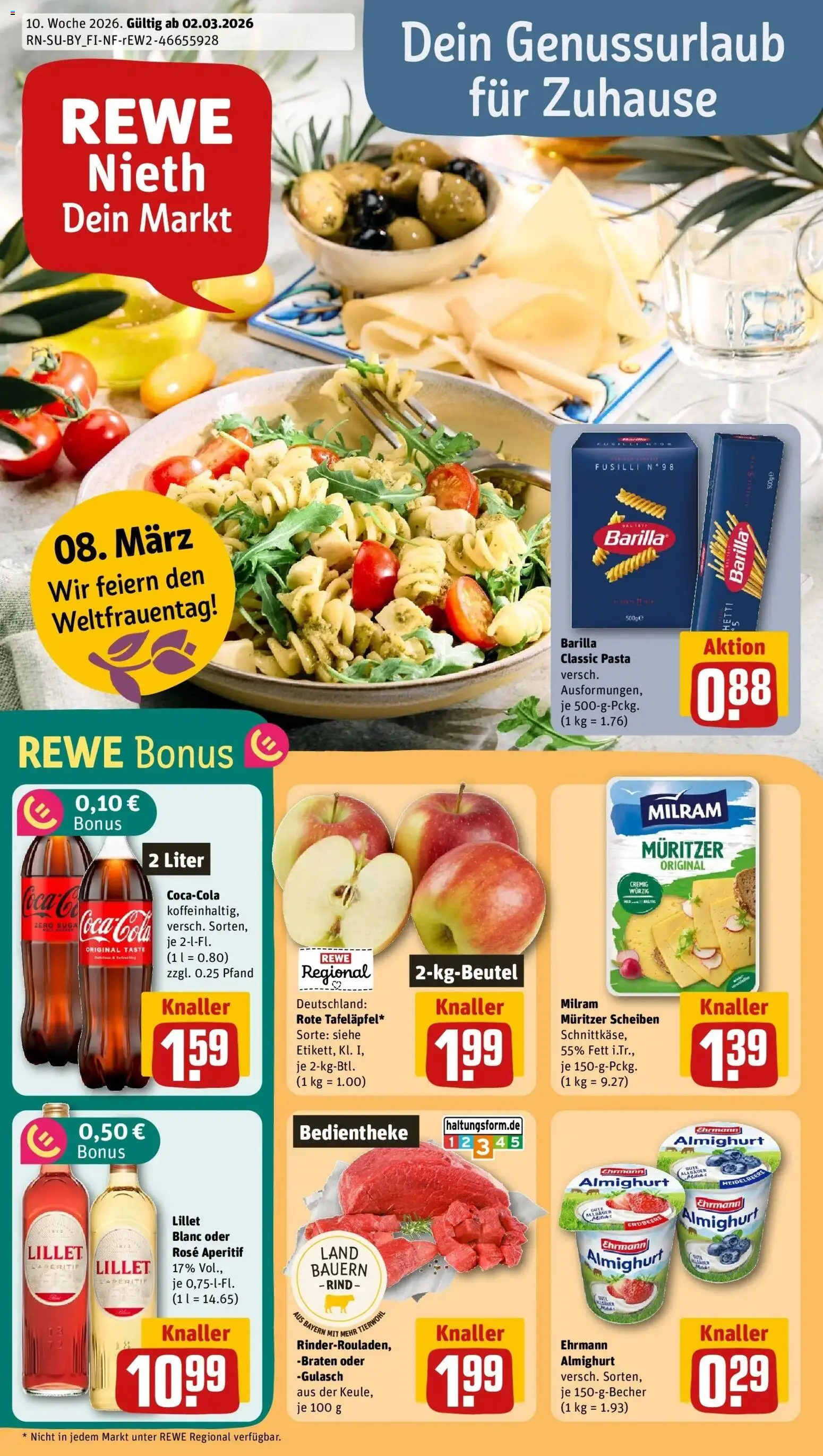 Rewe Prospekt Burgkirchen	 – gültig ab 01.03.2026 | Seite: 1 | Produkte: Cola, Barilla, Gulasch, Pasta
