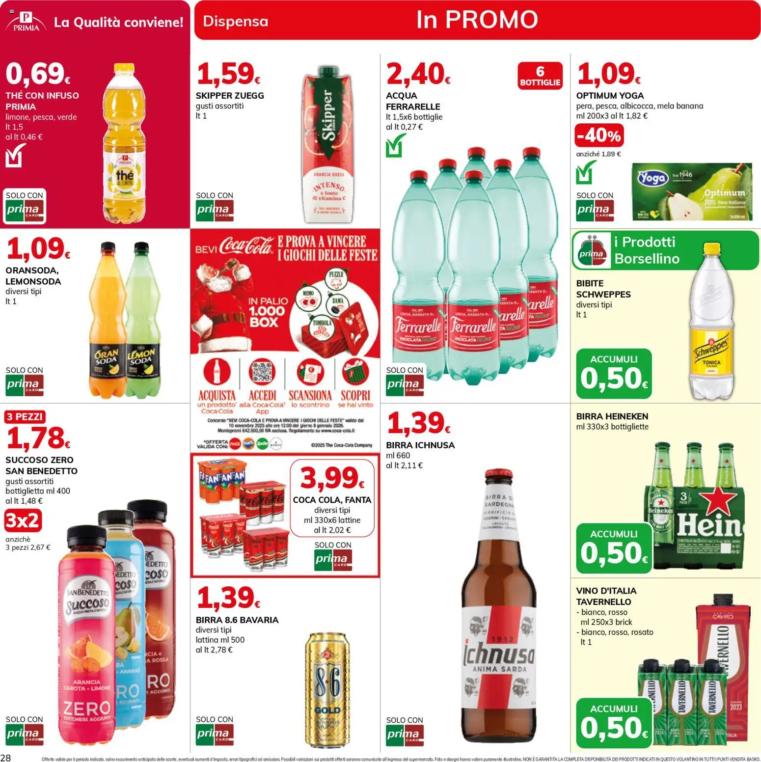 Volantino Basko del 11.11.2025 | Pagina: 28 | Prodotti: Vino, Heineken, Ferrarelle, Coca Cola