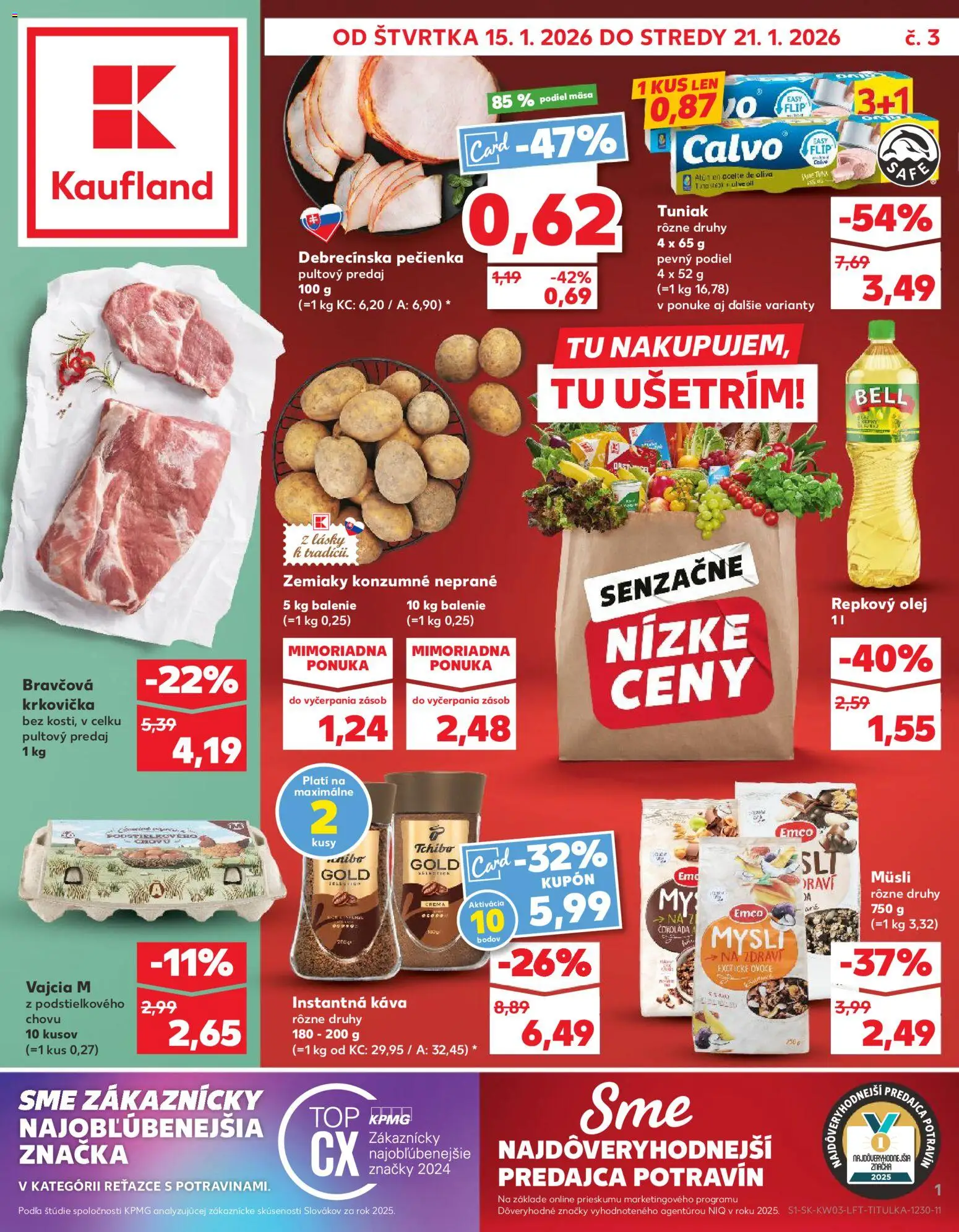 Nové Kaufland akcie – leták je platný od 15.01.2026 | Strana: 1 | Produkty: Vajcia, Tuniak, Káva, Zemiaky