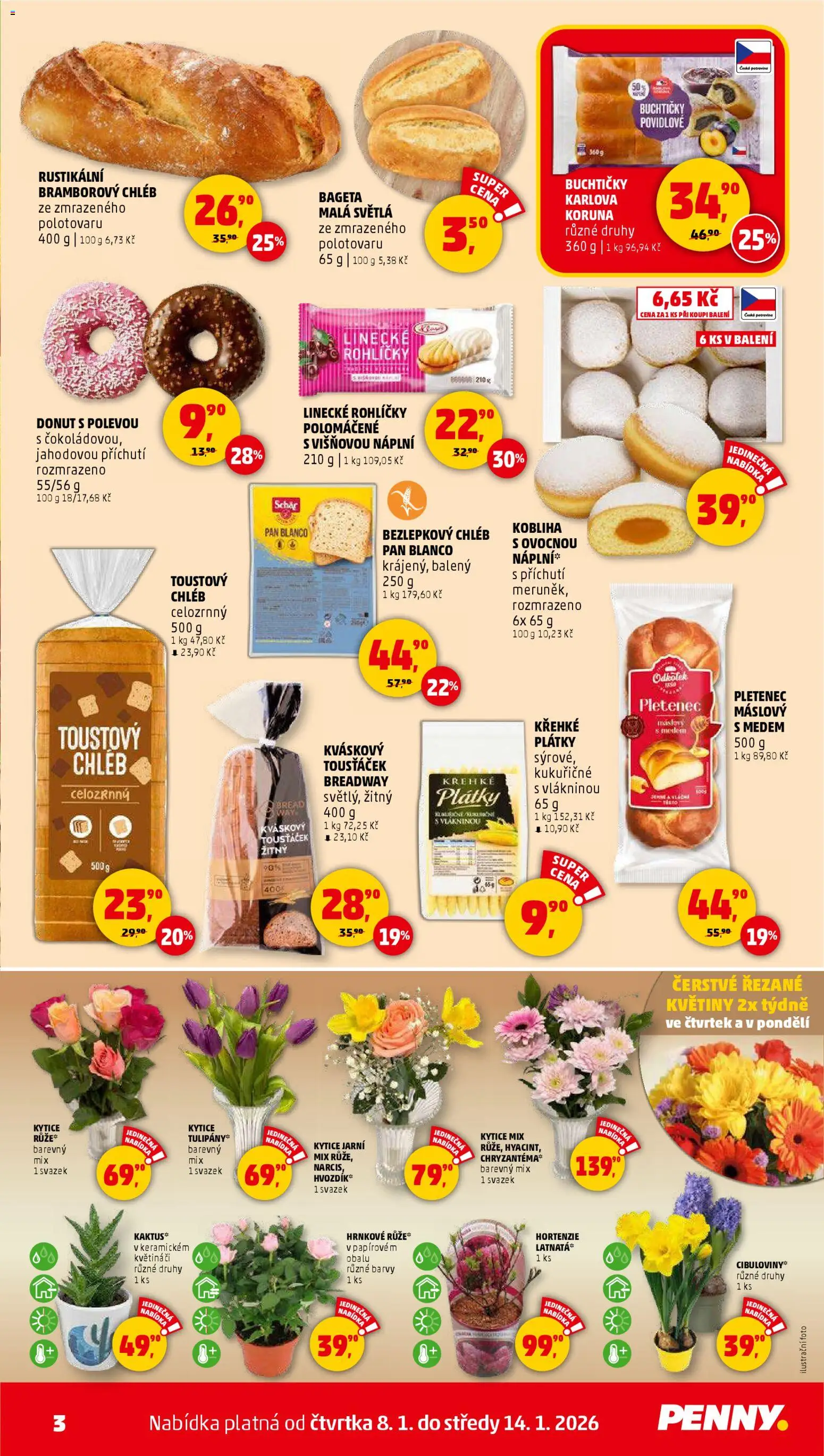 Penny Market leták - Čtvrtečník od 08.01.2026 | Strana: 3 | Produkty: Donut, Linecké rohlíčky, Květiny, Bageta