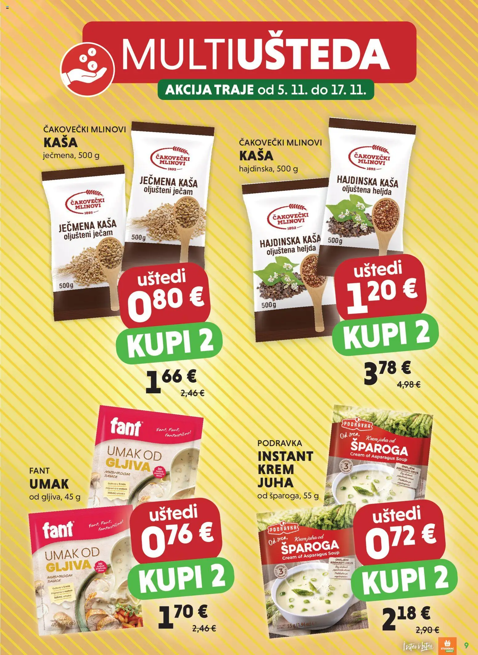 Studenac katalog | vrijedi od 05.11.2025 | Stranica: 9 | Proizvodi: Ječmena kaša, Podravka, Juha, Umak