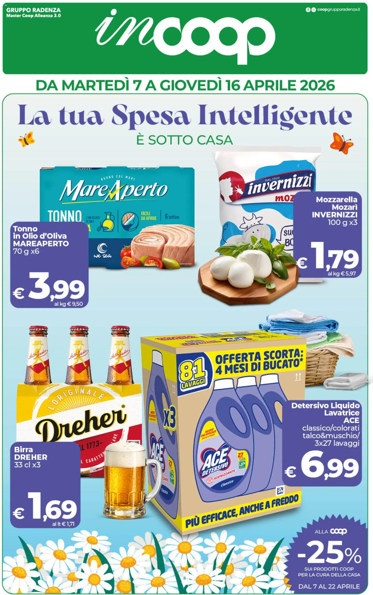 Volantino COOP del 07.04.2026 | Pagina: 1 | Prodotti: Birra, Mozzarella, Lavatrice, Tonno