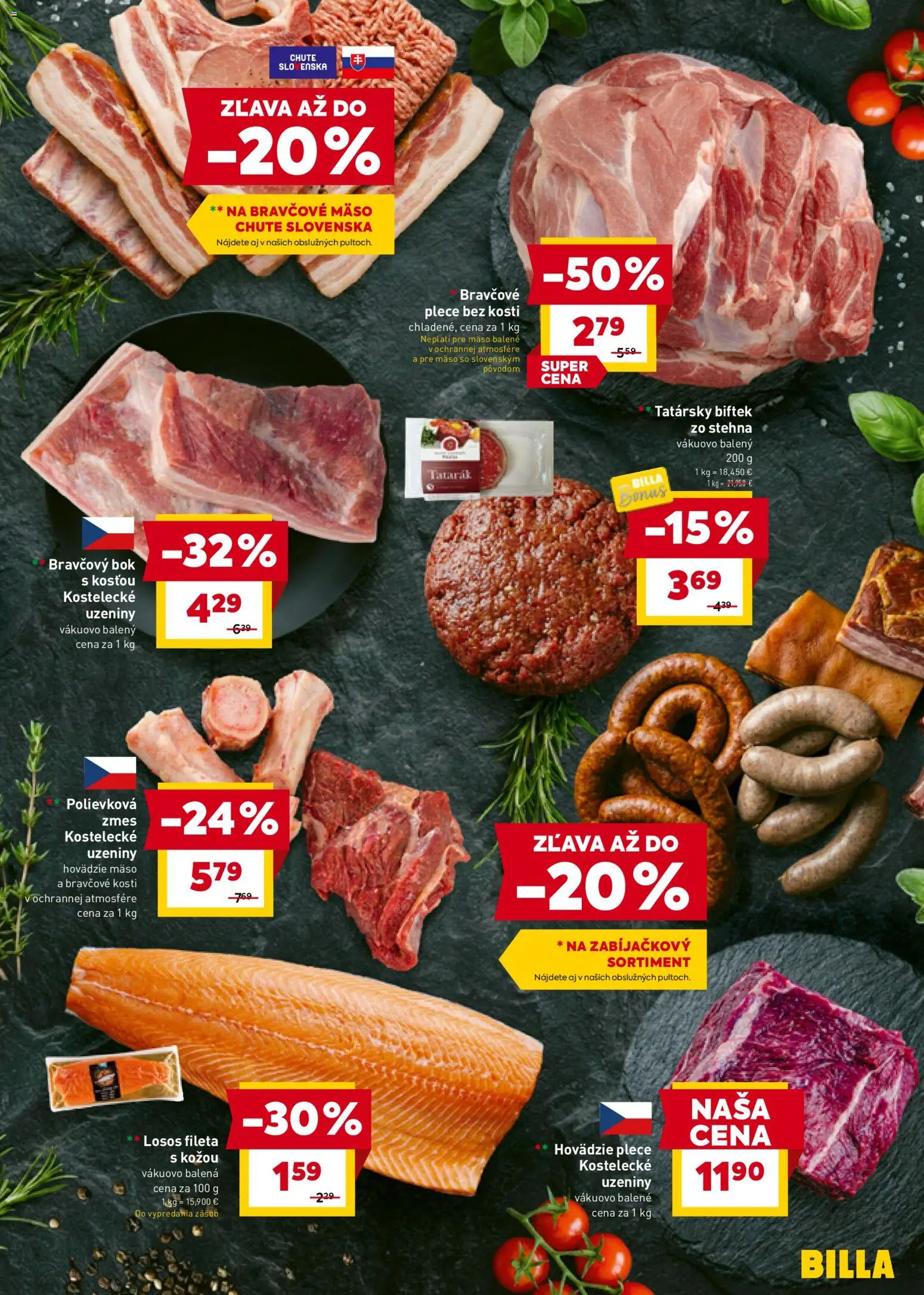 Nové Billa akcie – leták je platný od 18.03.2026 | Strana: 5 | Produkty: Hovädzie mäso, Bravčové plece, Losos, Bravčové mäso