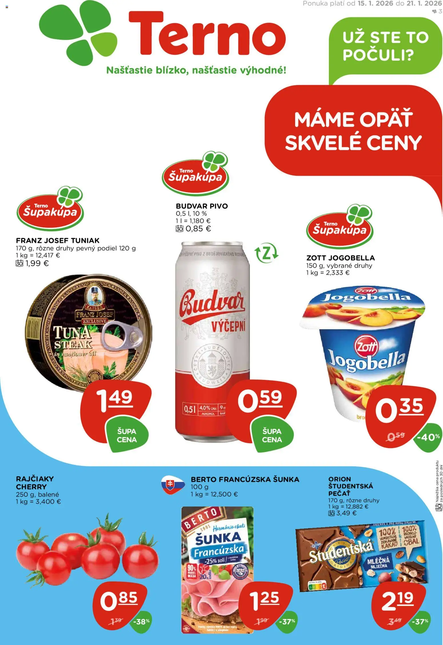 Nové Terno akcie – leták je platný od 15.01.2026 | Strana: 1 | Produkty: Pivo, Šunka, Steak, Alkohol