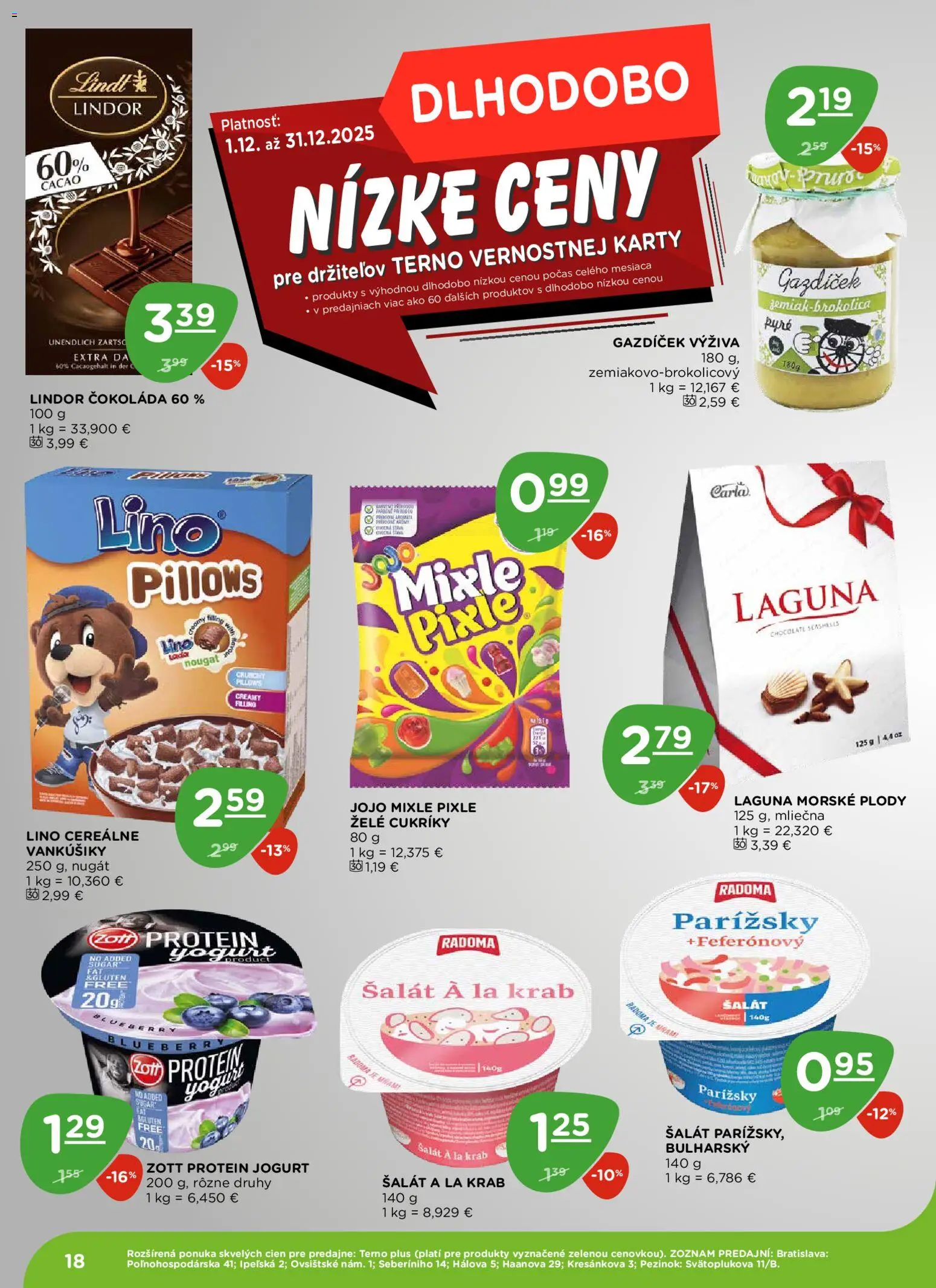 Nové Terno akcie – leták je platný od 18.12.2025 | Strana: 18 | Produkty: Lindor, Protein, Čokoláda, Šalát