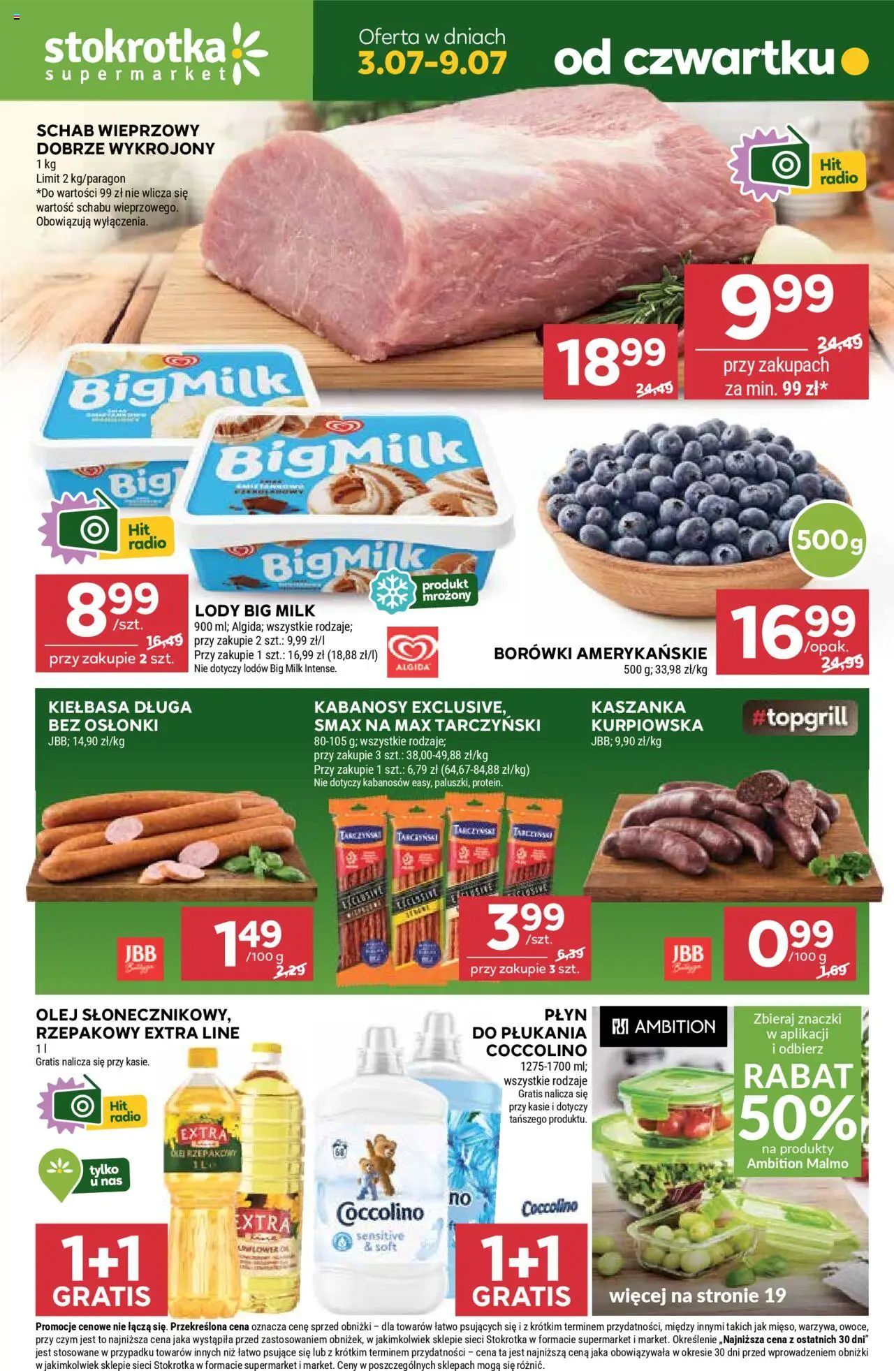 Stokrotka Gazetka od 03.07.2025 | Strona: 1 | Produkty: Schab, Kabanosy, Olej, Lody