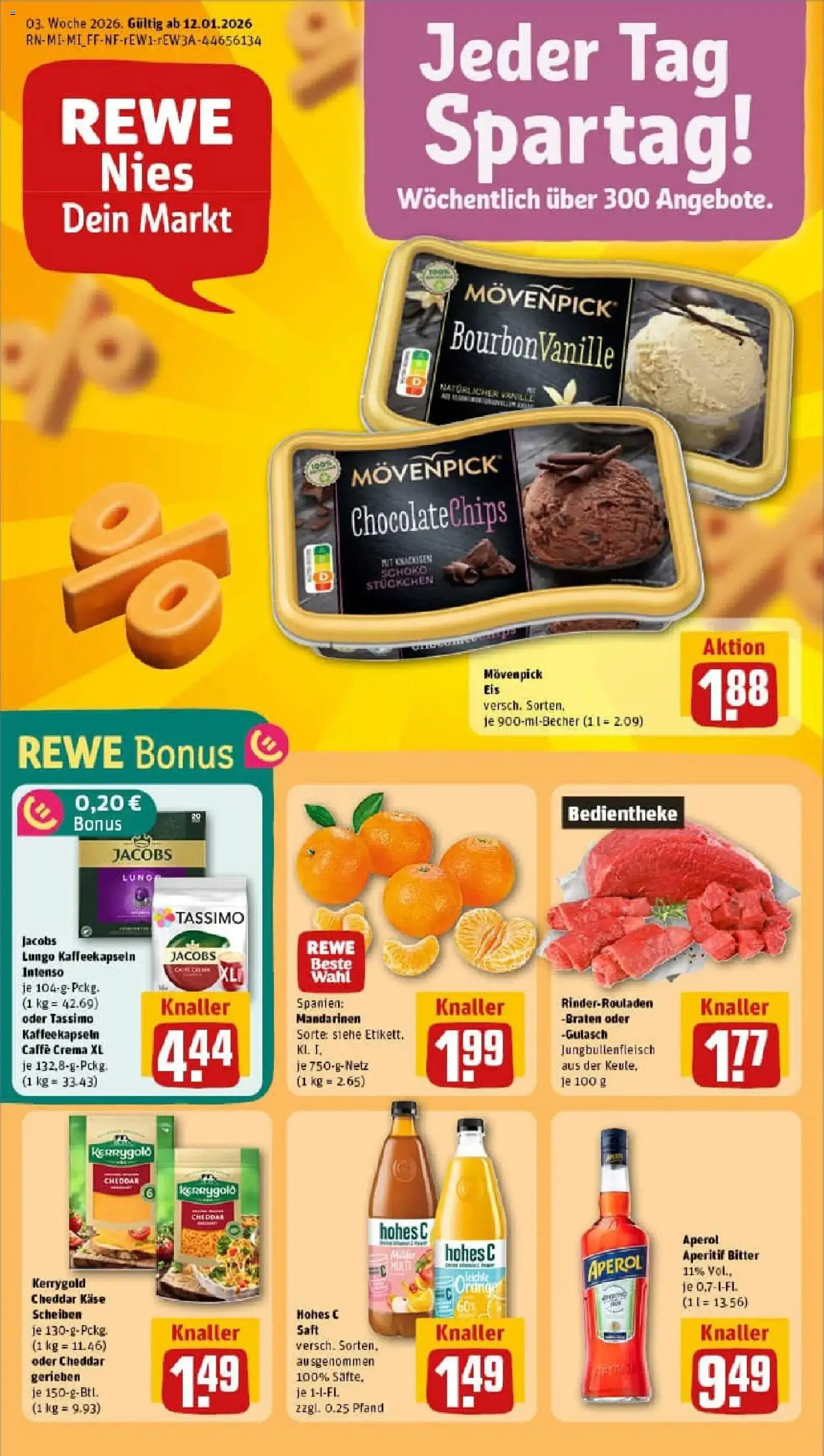 Rewe prospekt Hungen	 – gültig ab 11.01.2026 | Seite: 1 | Produkte: Movenpick eis, Gulasch, Saft, Tassimo