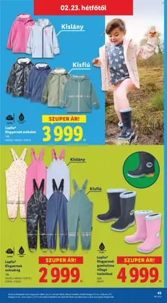 Lidl Akciós újság - amely érvényes a következő dátumtól: 19.02.2026 | Oldal: 43 | Termékek: Gumicsizma, Esőnadrág, Esőkabát, Játékok