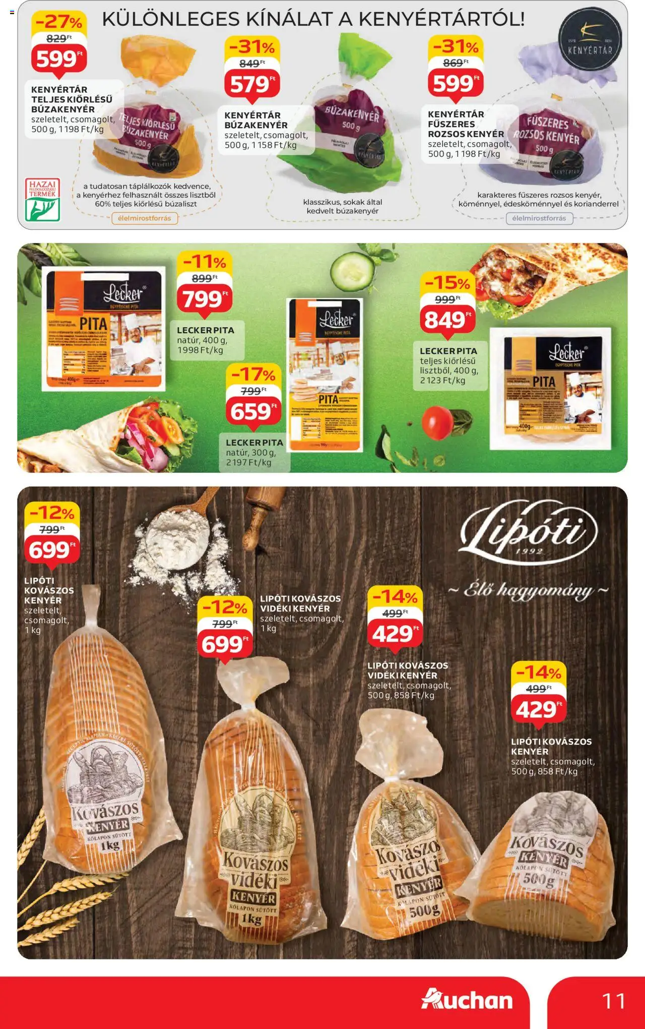 Auchan akciós ujság - amely érvényes a következő dátumtól: 14.08.2025 | Oldal: 11 | Termékek: Pita, Kenyér