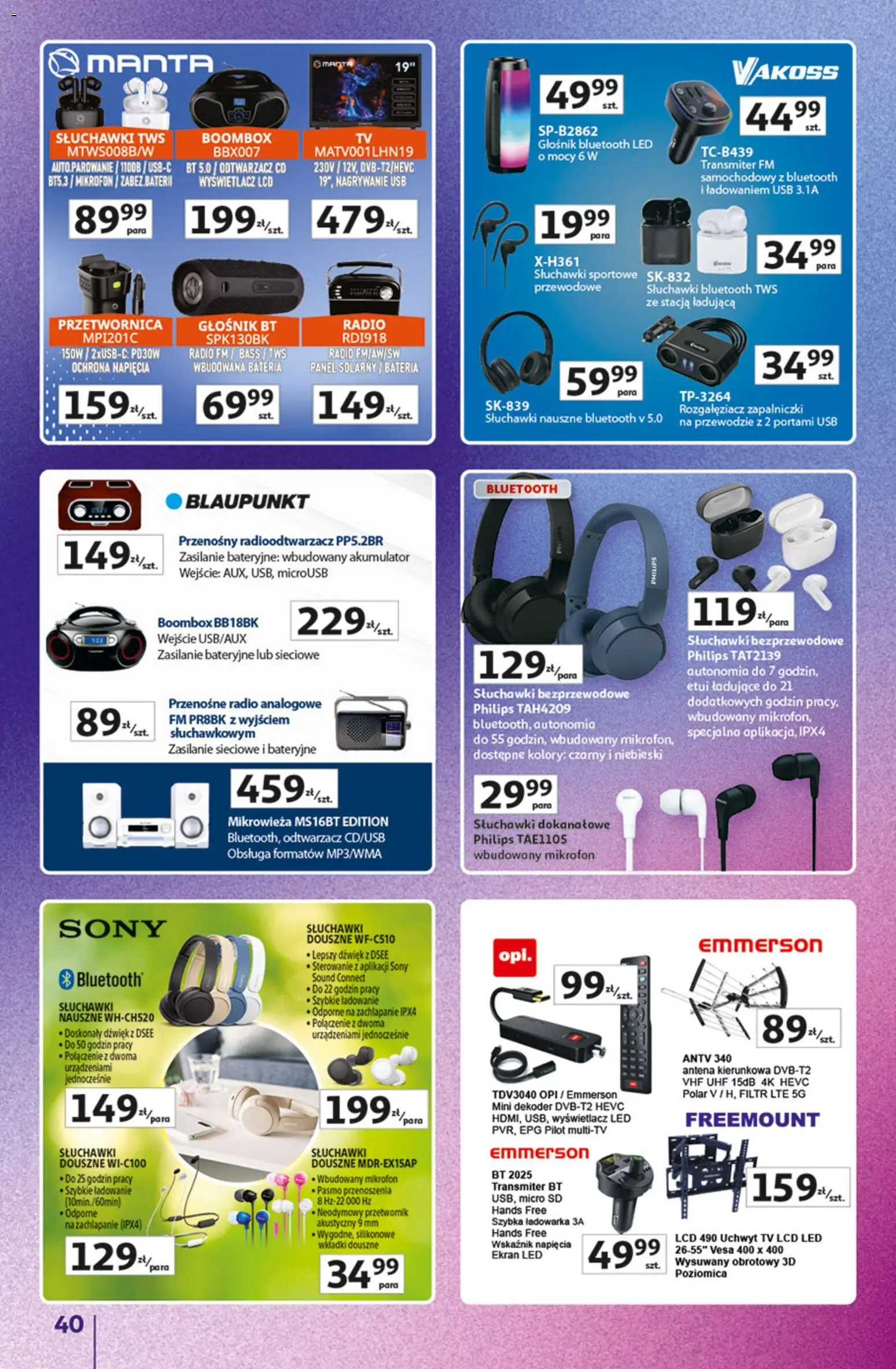 Auchan gazetka - Znane Marki Hipermarket od 23.04.2026 | Strona: 40 | Produkty: Słuchawki, Ładowarka, Mikrofon, Bateria