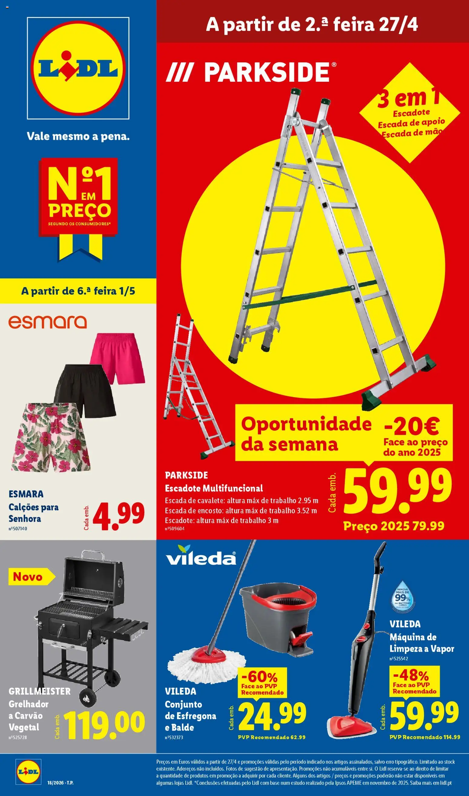 Lidl Novidades │ válido de 27.04.2026 | Página: 1 | Produtos: Escada, Carvão vegetal, Cavalete, Calções