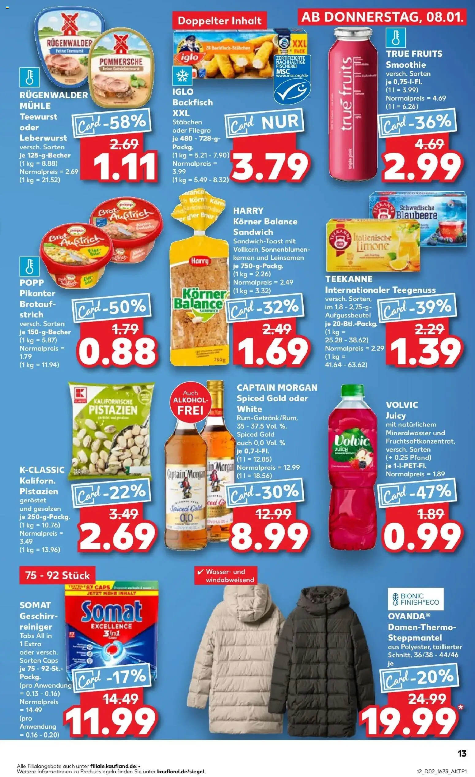 Kaufland prospekt Schwäbisch Gmünd	 – gültig ab 08.01.2026 | Seite: 13 | Produkte: Iglo, Teekanne, Captain morgan, Brot