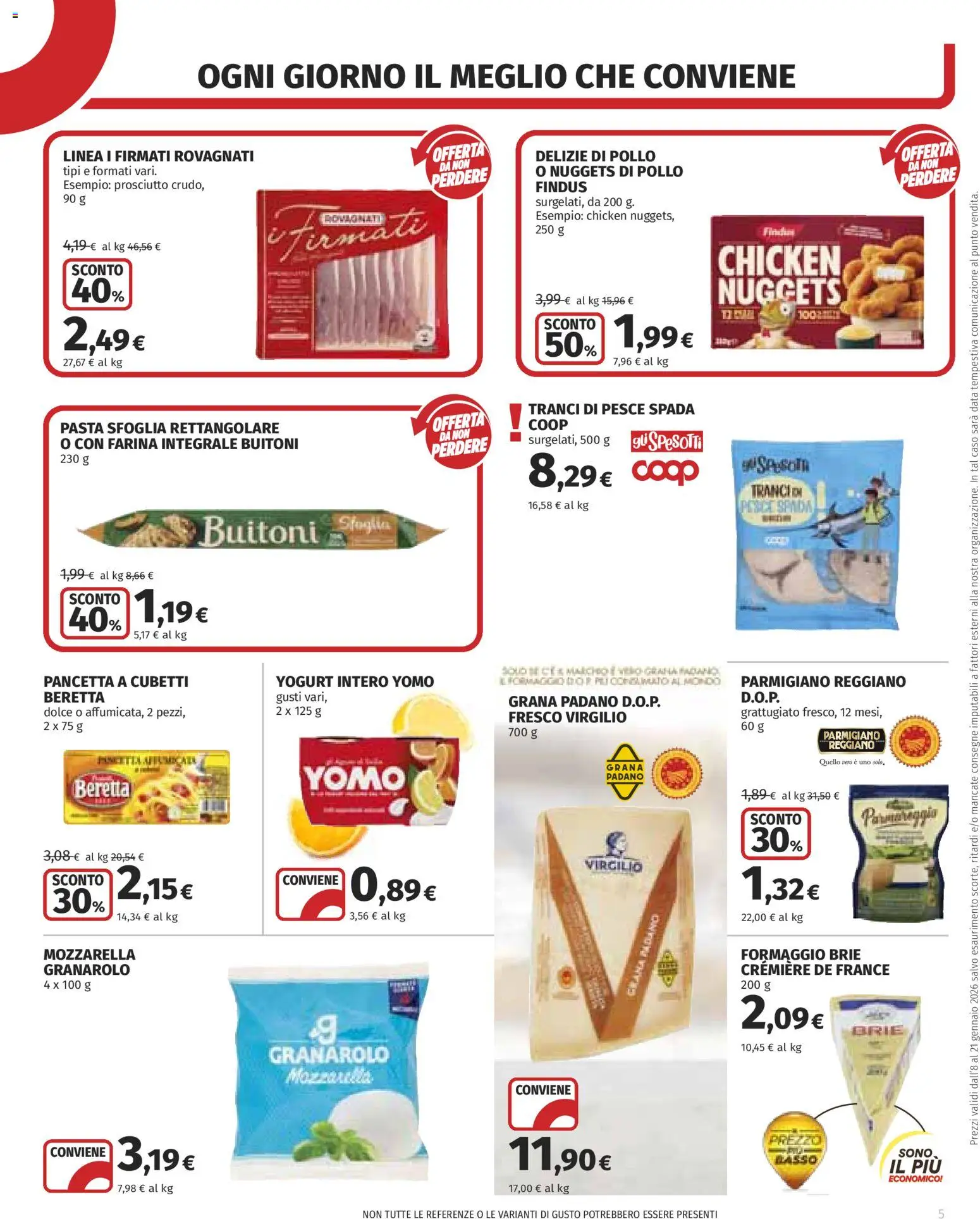 Volantino COOP del 08.01.2026 | Pagina: 5 | Prodotti: Formaggio, Farina, Pasta, Parmigiano reggiano