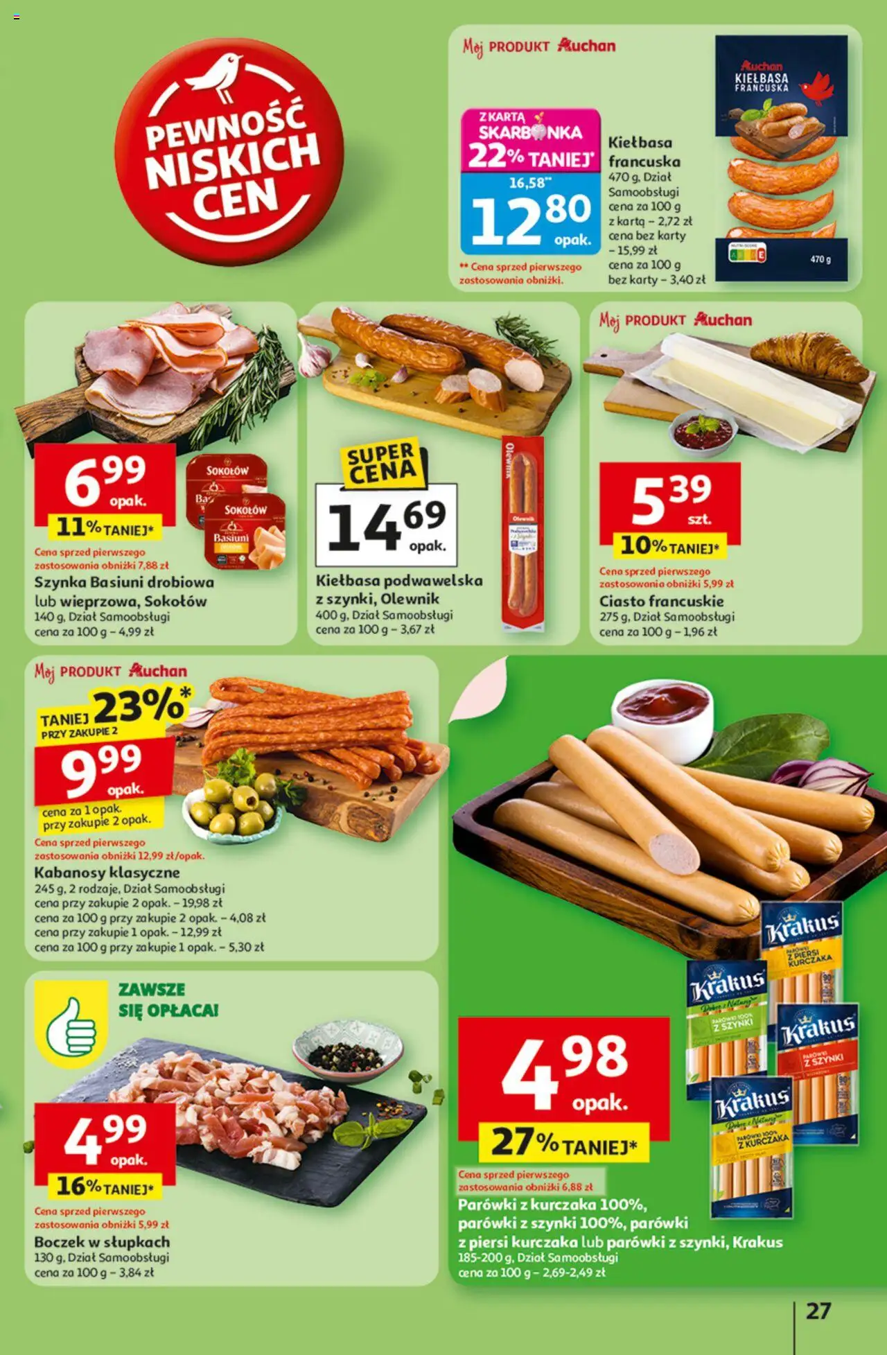 Auchan Gazetka - Odlotowe ceny na start szkoły Hipermarket od 21.08.2025 | Strona: 27 | Produkty: Kiełbasa, Piersi, Parówki z szynki, Kiełbasa podwawelska