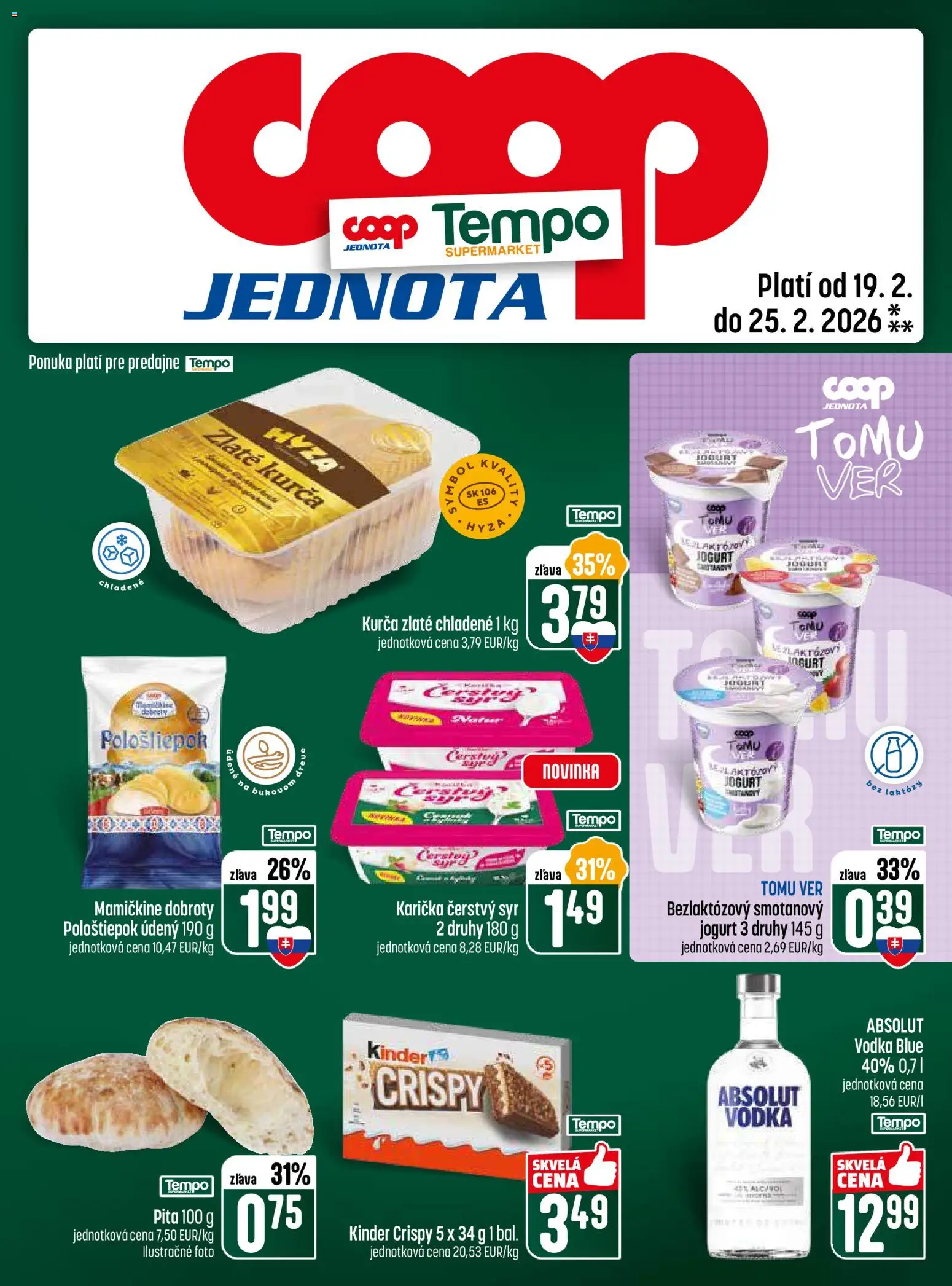 Nové COOP Jednota akcie – leták je platný od 19.02.2026 | Strana: 25 | Produkty: Syr, Kinder, Vodka, Kurča
