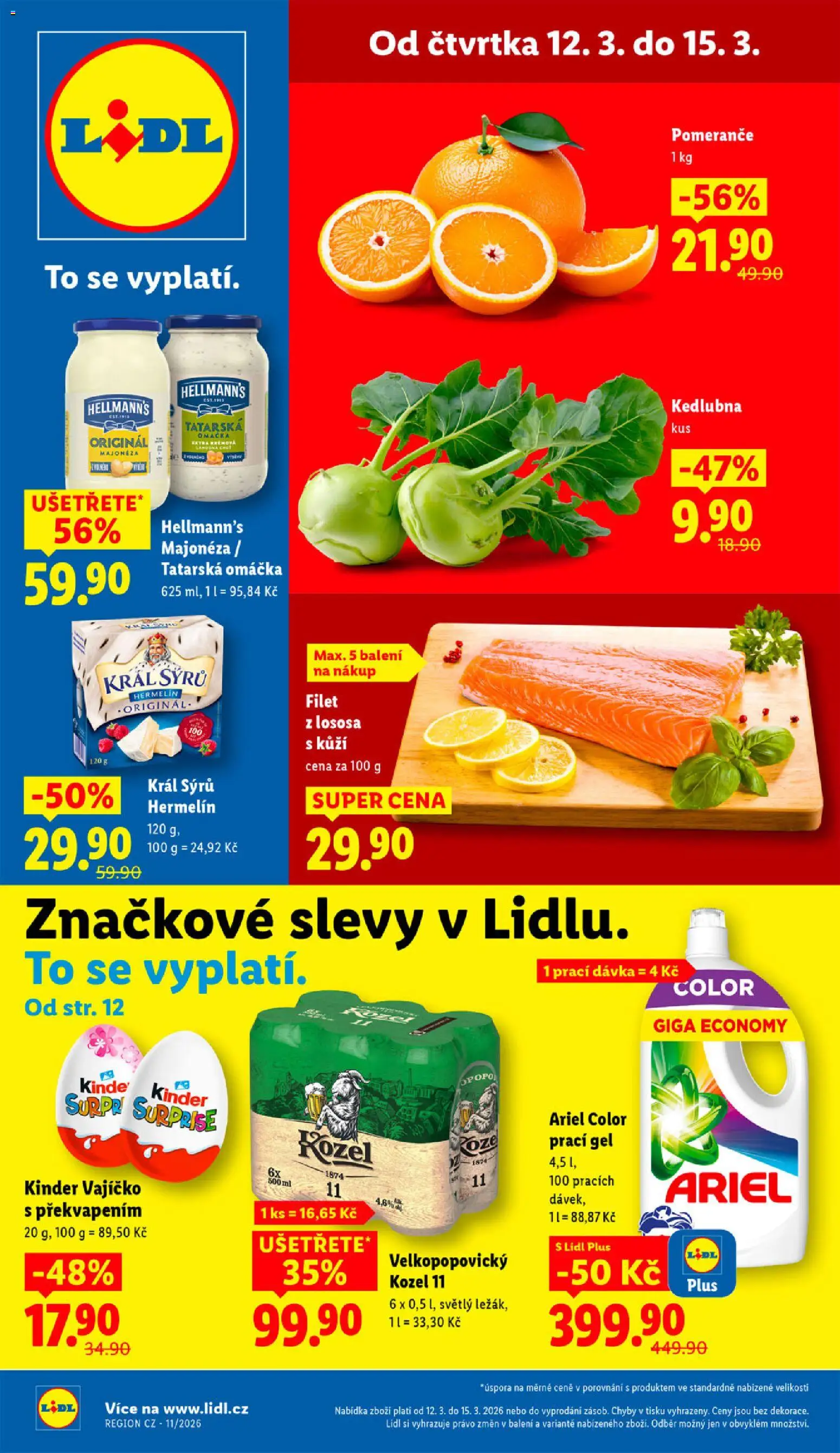 Lidl leták od 12.03.2026 | Strana: 1 | Produkty: Prací gel, Hellmann's, Kozel 11, Filet