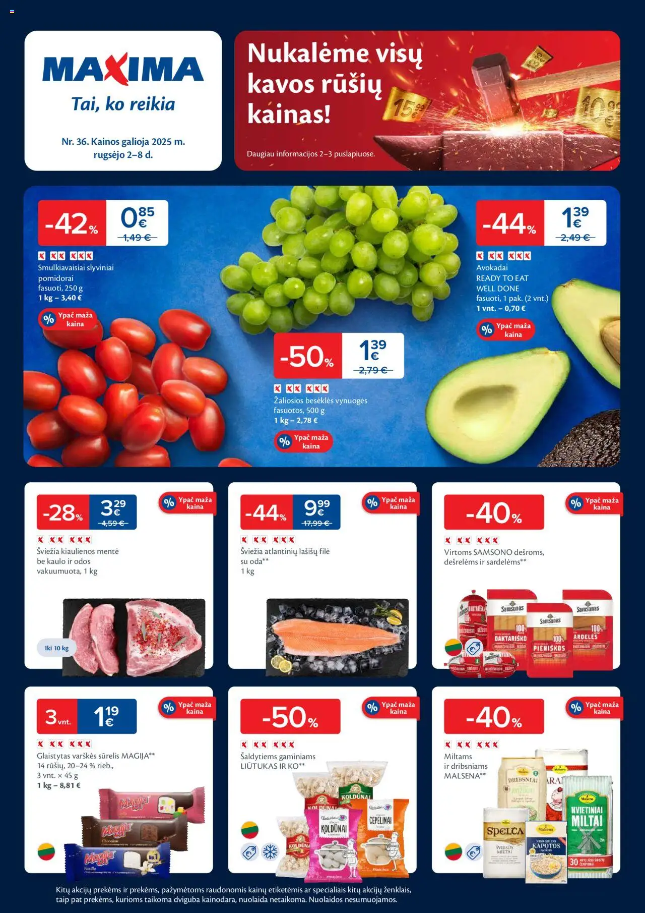 MAXIMA - Leidinys│galioja nuo 02.09.2025 | Puslapis: 1 | Prekių: Sūrelis, Avokadai, Vynuogės, Lašišų filė