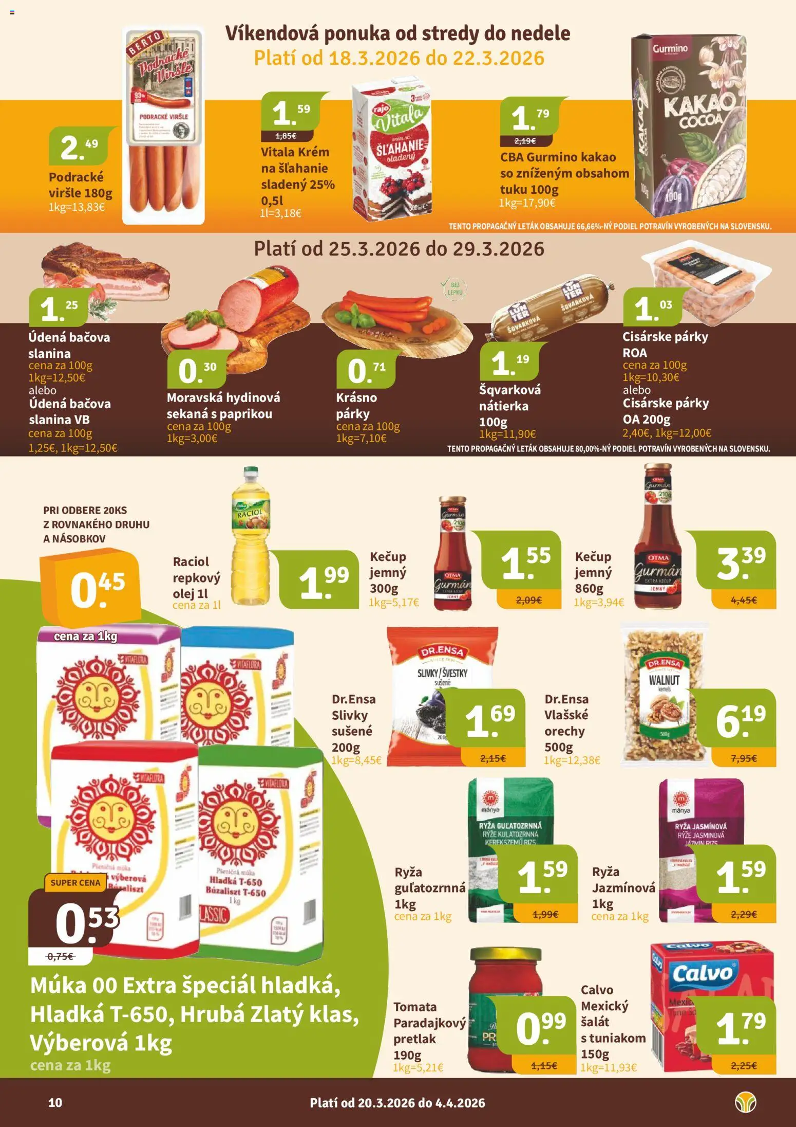 Nové Nitrazdroj akcie – leták je platný od 20.03.2026 | Strana: 10 | Produkty: Pšeničná múka, Orechy, Párky, Kakao