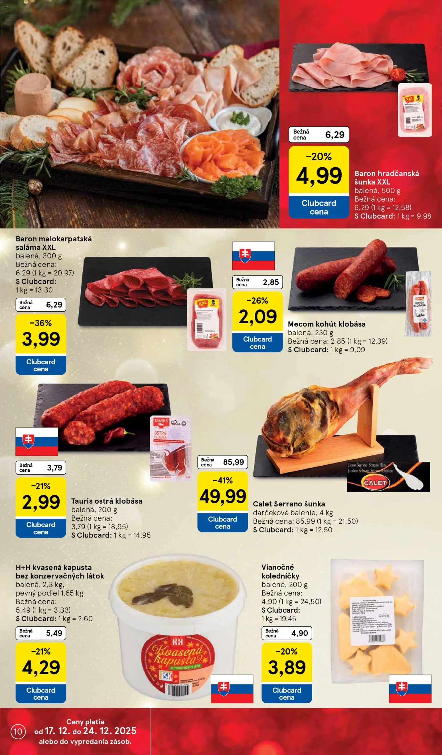 Nové Tesco akcie – leták je platný od 17.12.2025 | Strana: 10 | Produkty: Kapusta, Saláma, Šunka, Klobása