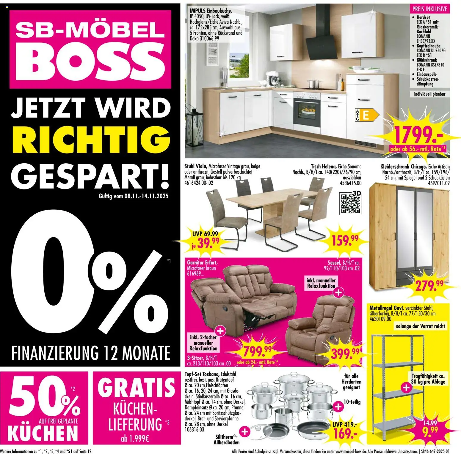 SB Möbel Boss Prospekt Neubrandenburg – gültig ab 08.11.2025 | Seite: 1 | Produkte: Kleiderschrank, Tisch, Kühlschrank, Kuchen