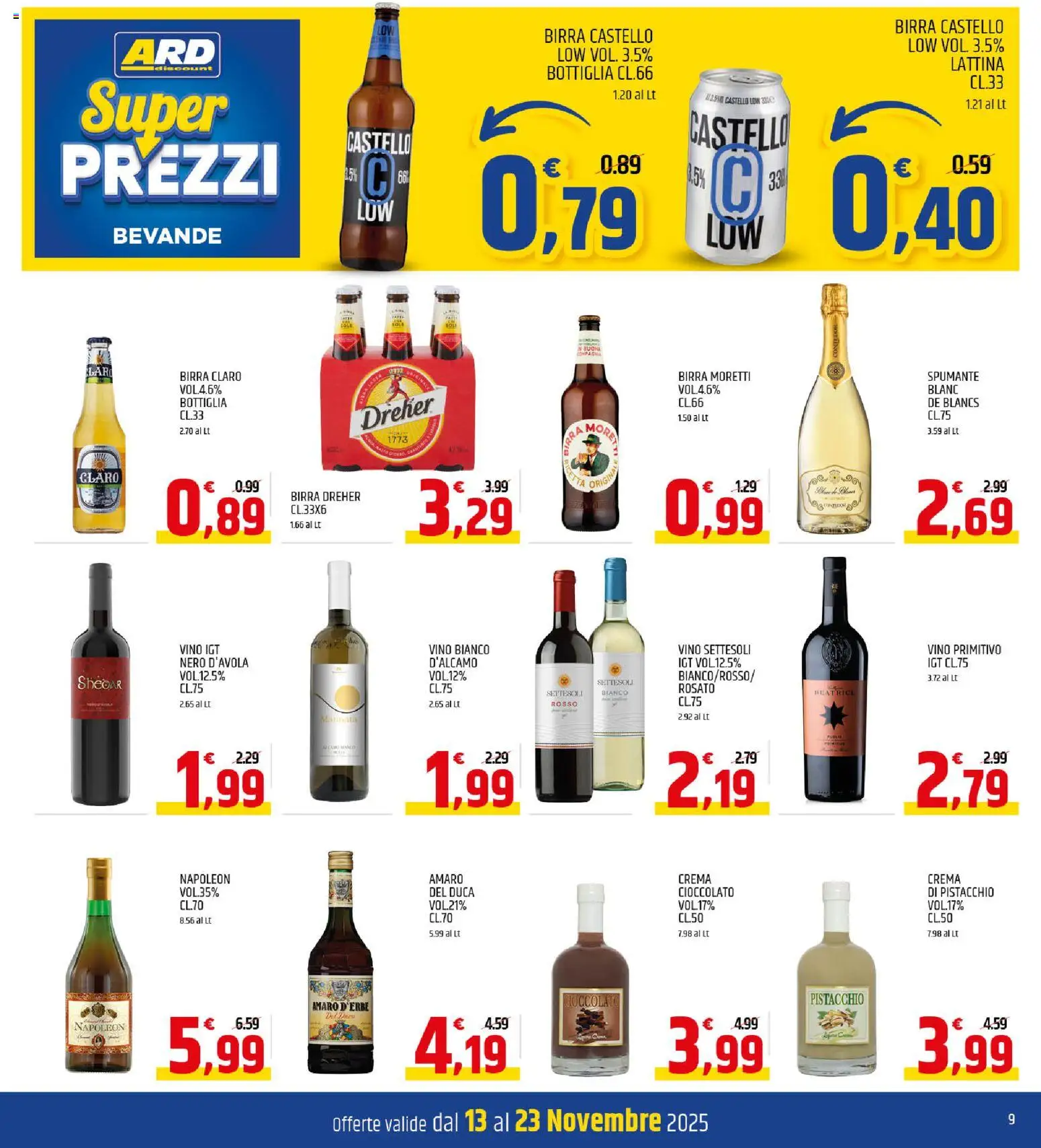 Volantino ARD Discount del 13.11.2025 | Pagina: 9 | Prodotti: Crema, Birra, Bottiglia, Amaro