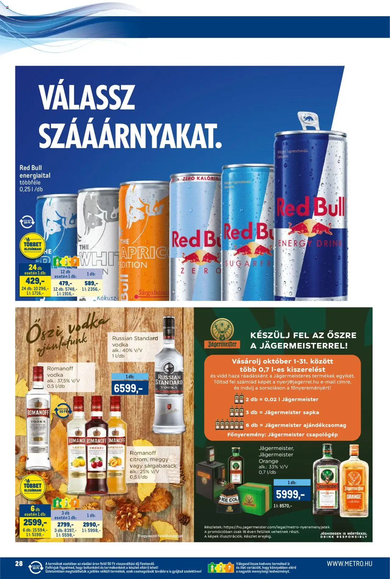 Metro akciós ujság - amely érvényes a következő dátumtól: 16.10.2025 | Oldal: 28 | Termékek: Jägermeister, Sárgabarack, Red bull, Vodka