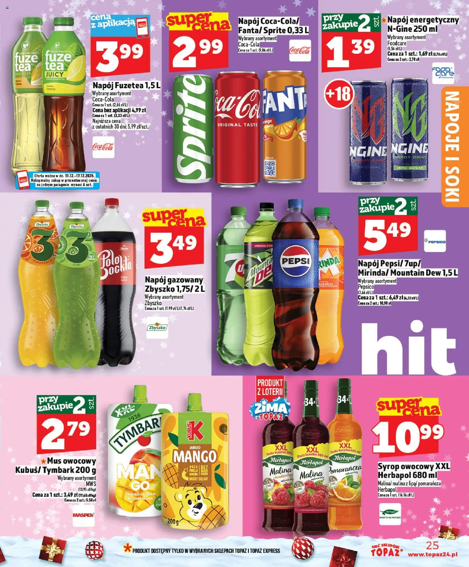 Topaz Gazetka MAZ od 11.12.2025 | Strona: 25 | Produkty: Syrop, Pepsi, Soki, Coca cola