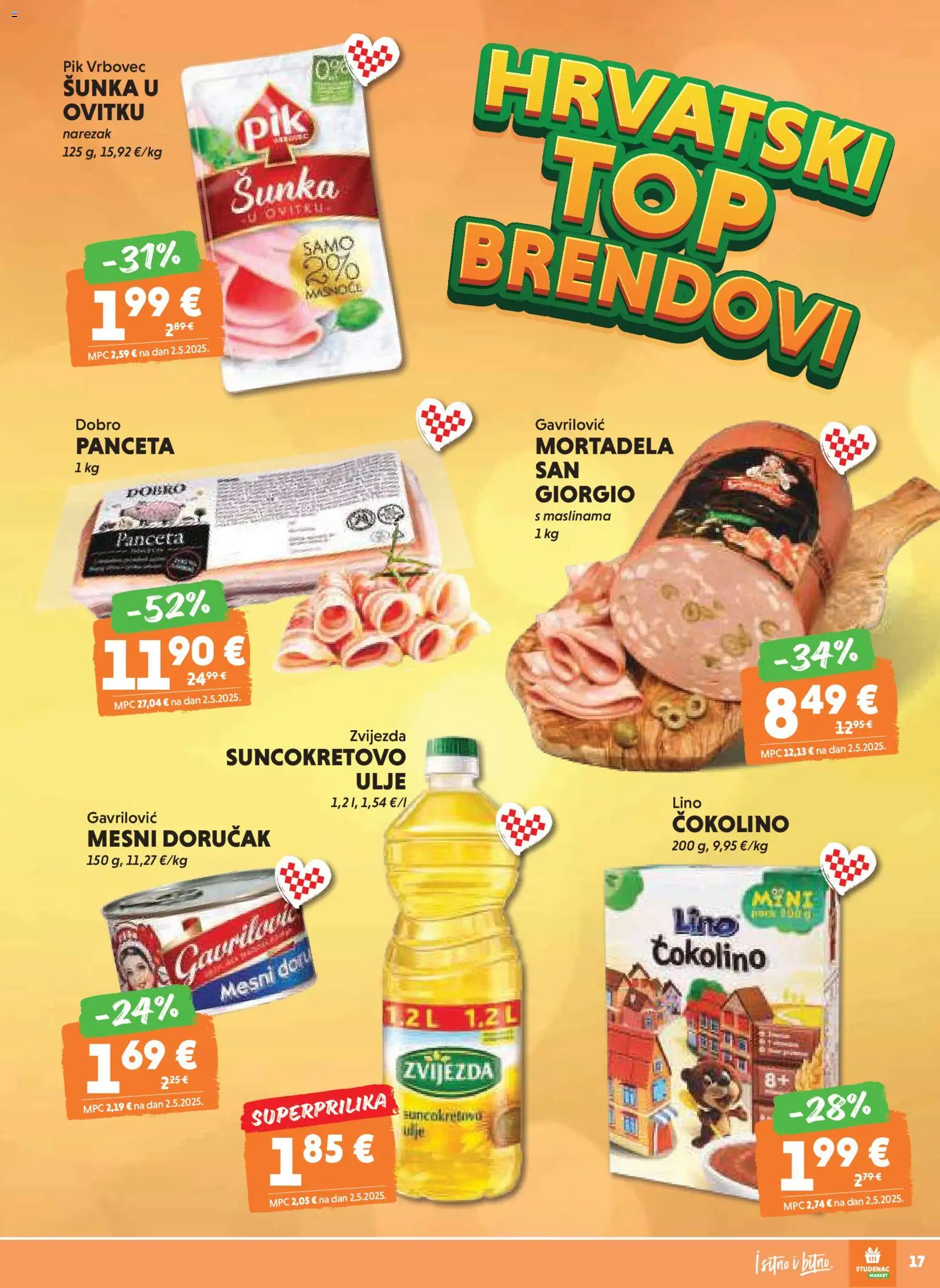 Studenac katalog | vrijedi od 12.11.2025 | Stranica: 17 | Proizvodi: Mortadela, Mesni doručak, Pik Vrbovec, Čokolino