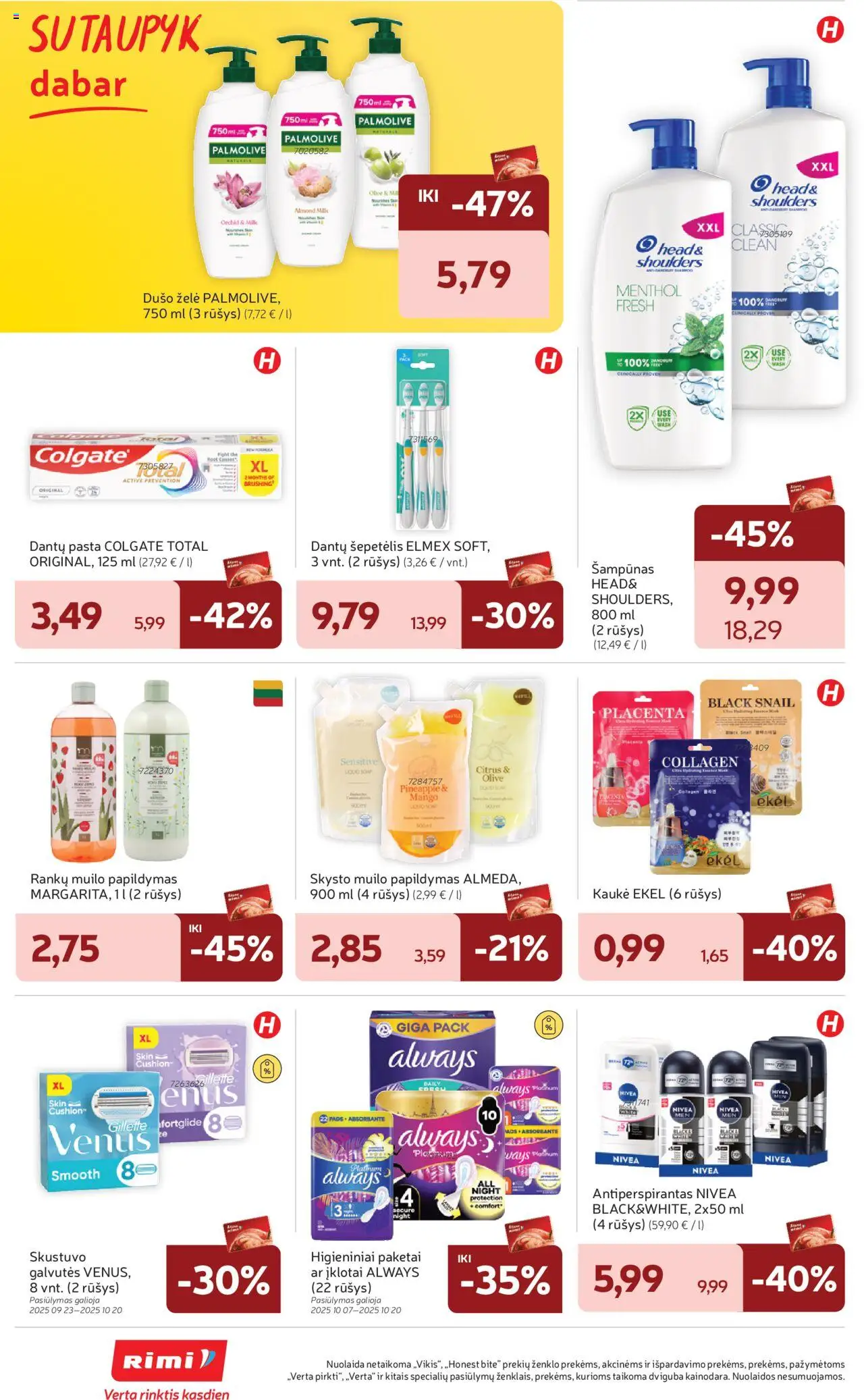 Rimi akcijos nuo 07.10.2025 | Puslapis: 34 | Prekių: Šepetėlis, Kaukė, Dušo želė, Antiperspirantas