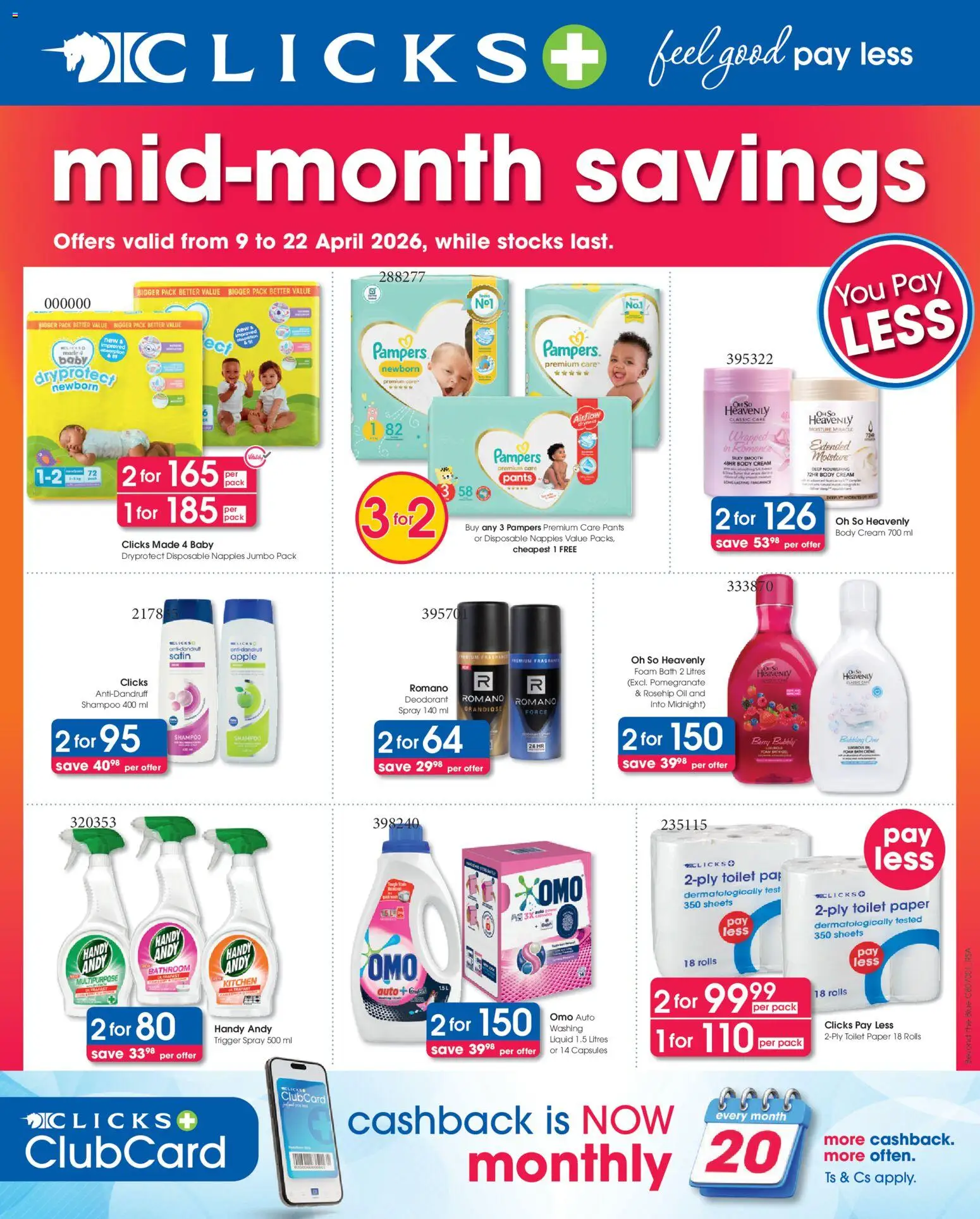 New Clicks catalogue – valid from 09.04.2026 | Page: 1 | Products: Toilet, Oil, Body cream, Nappies