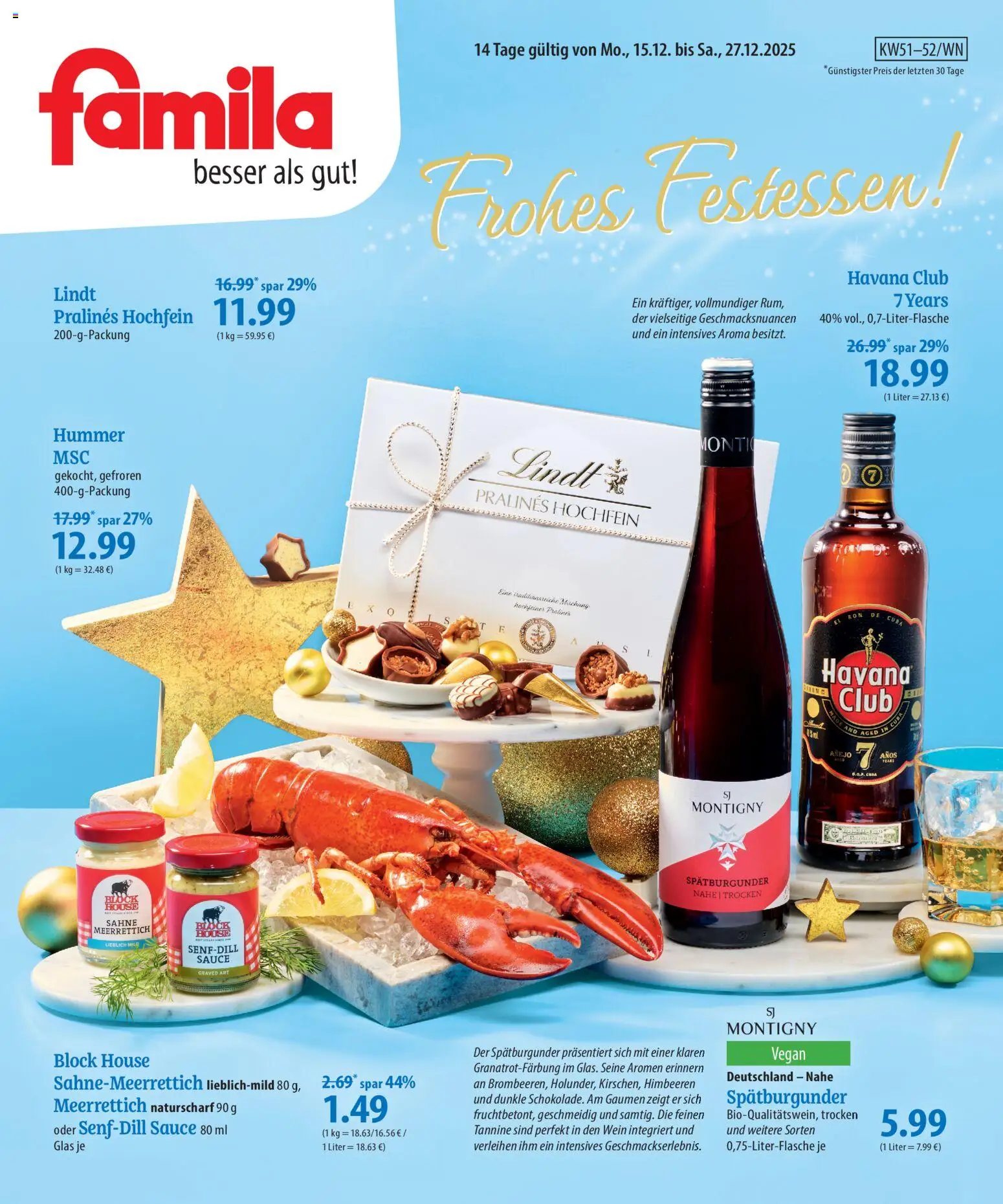 Famila Frohes Festessen – gültig ab 15.12.2025 | Seite: 1 | Produkte: Himbeeren, Wein, Lindt, Sahne