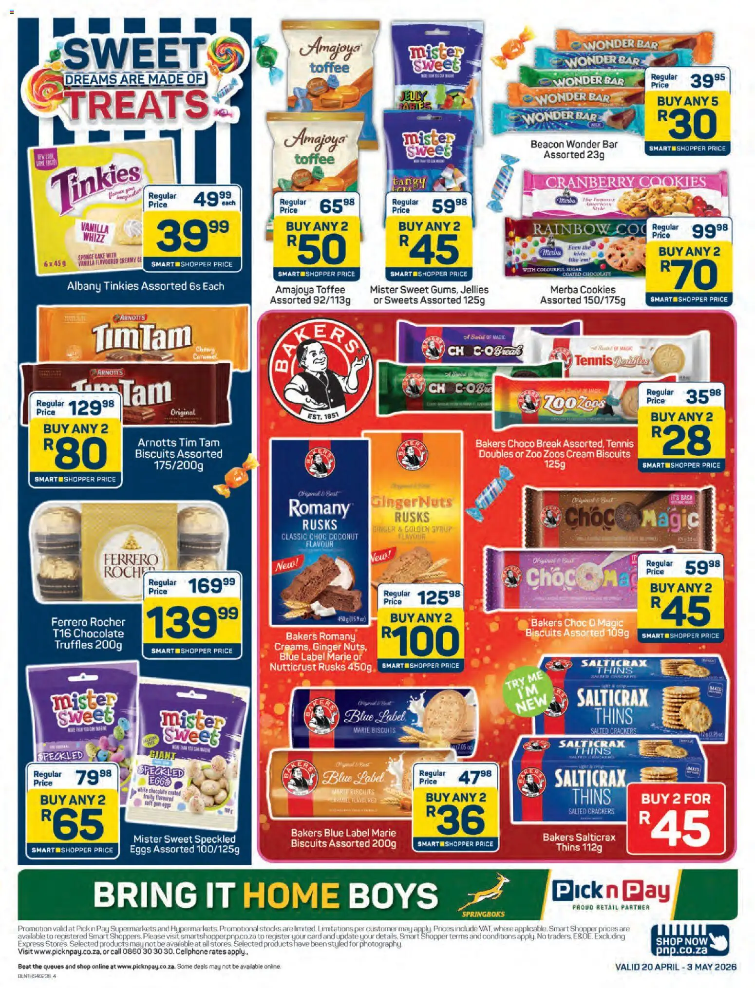 New Pick n Pay catalogue – valid from 20.04.2026 | Page: 4 | Products: Sweets, Nuts, Cream, Cookies